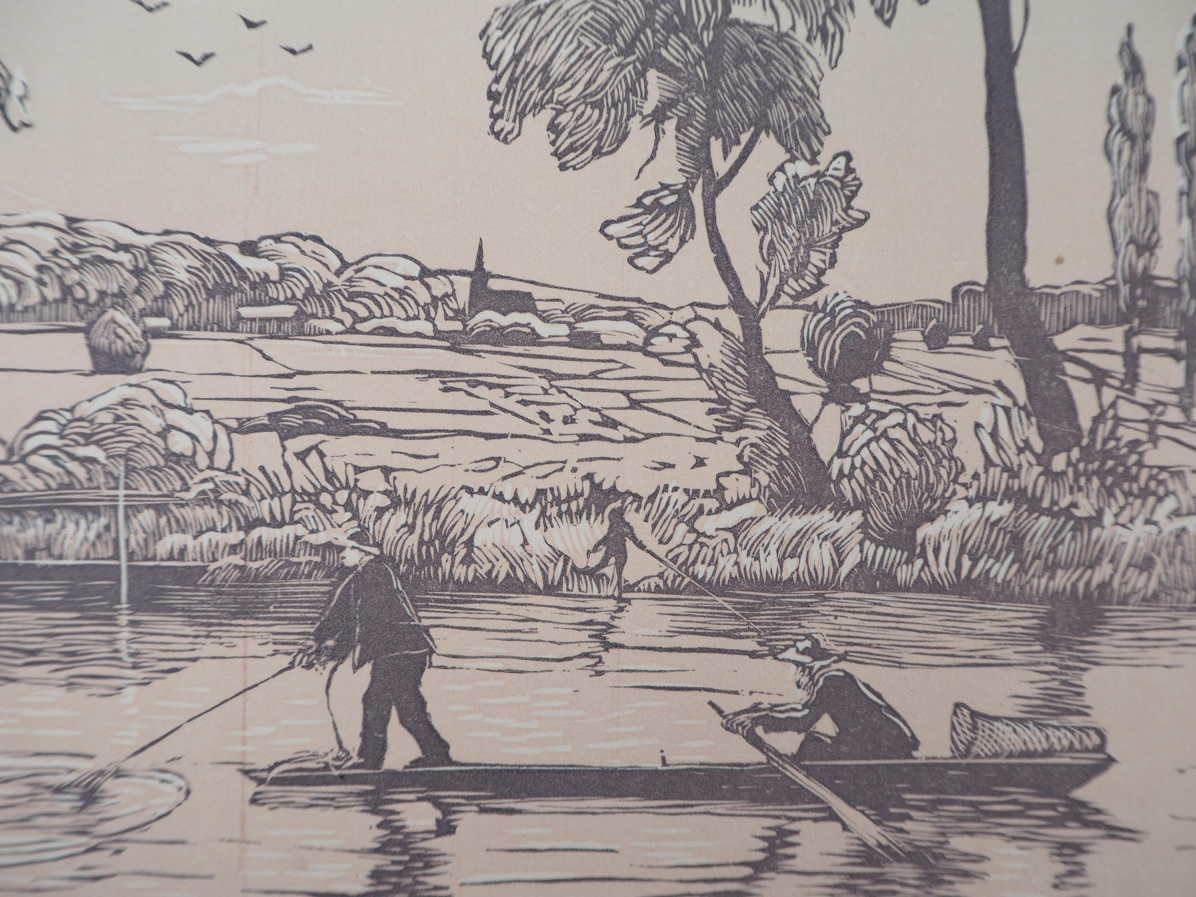 Fisherman on the River - Original wooodcut, Handsigned - Gray Landscape Print by Georges LE MEILLEUR