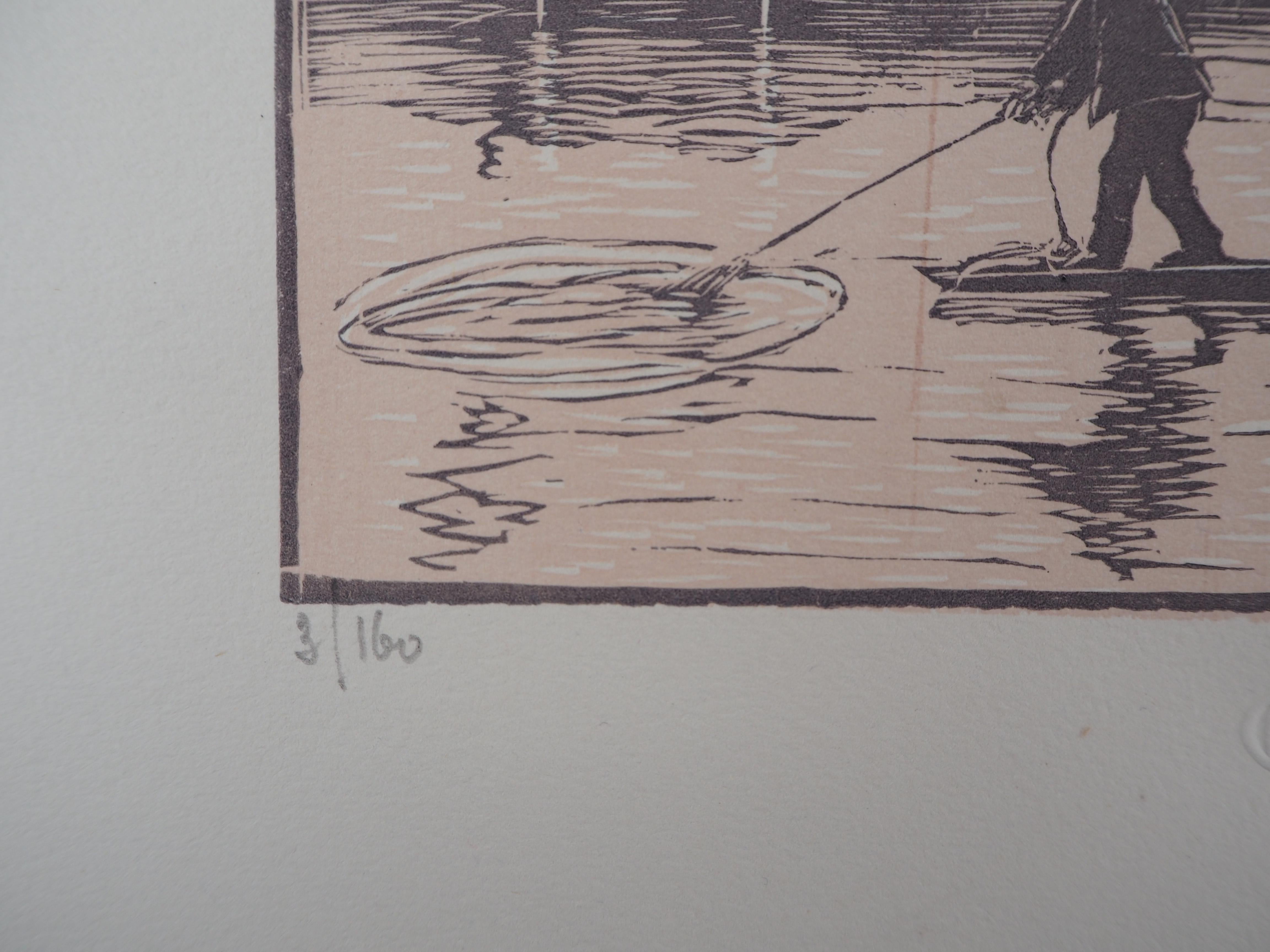 Georges LE MEILLEUR (1861-1945)
Fisherman on the River, 1926

Original woodcut
Handsigned in pencil
Numbered /160
On vellum 32.5 x 25.5 cm (c. 13 x 10 in)
Bears the blind stamp of the editor 'Imagier de la Gravure sur Bois' (Lugt 1140a)

Excellent