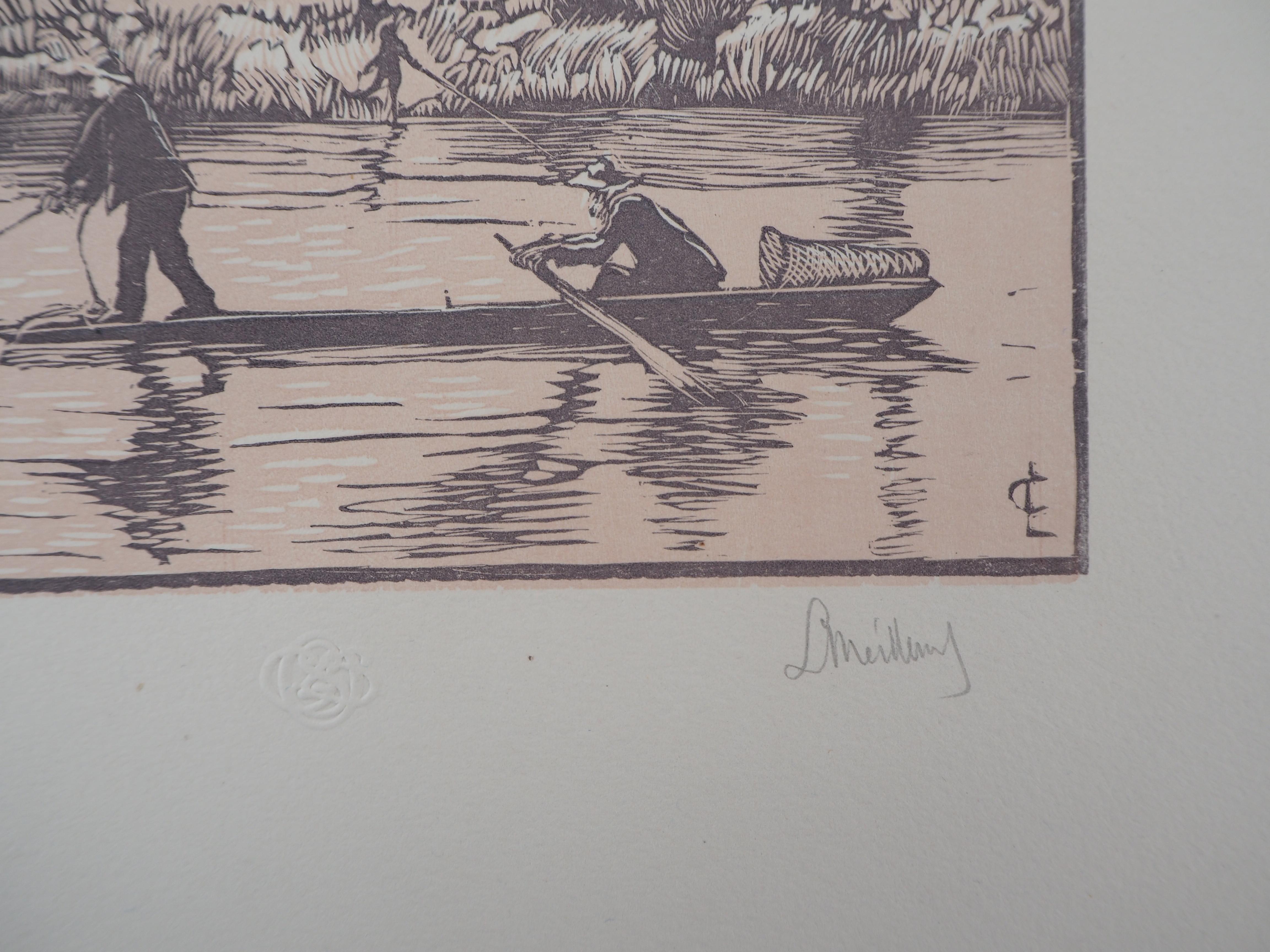 Fisherman on the River - Original wooodcut, Handsigned For Sale 1
