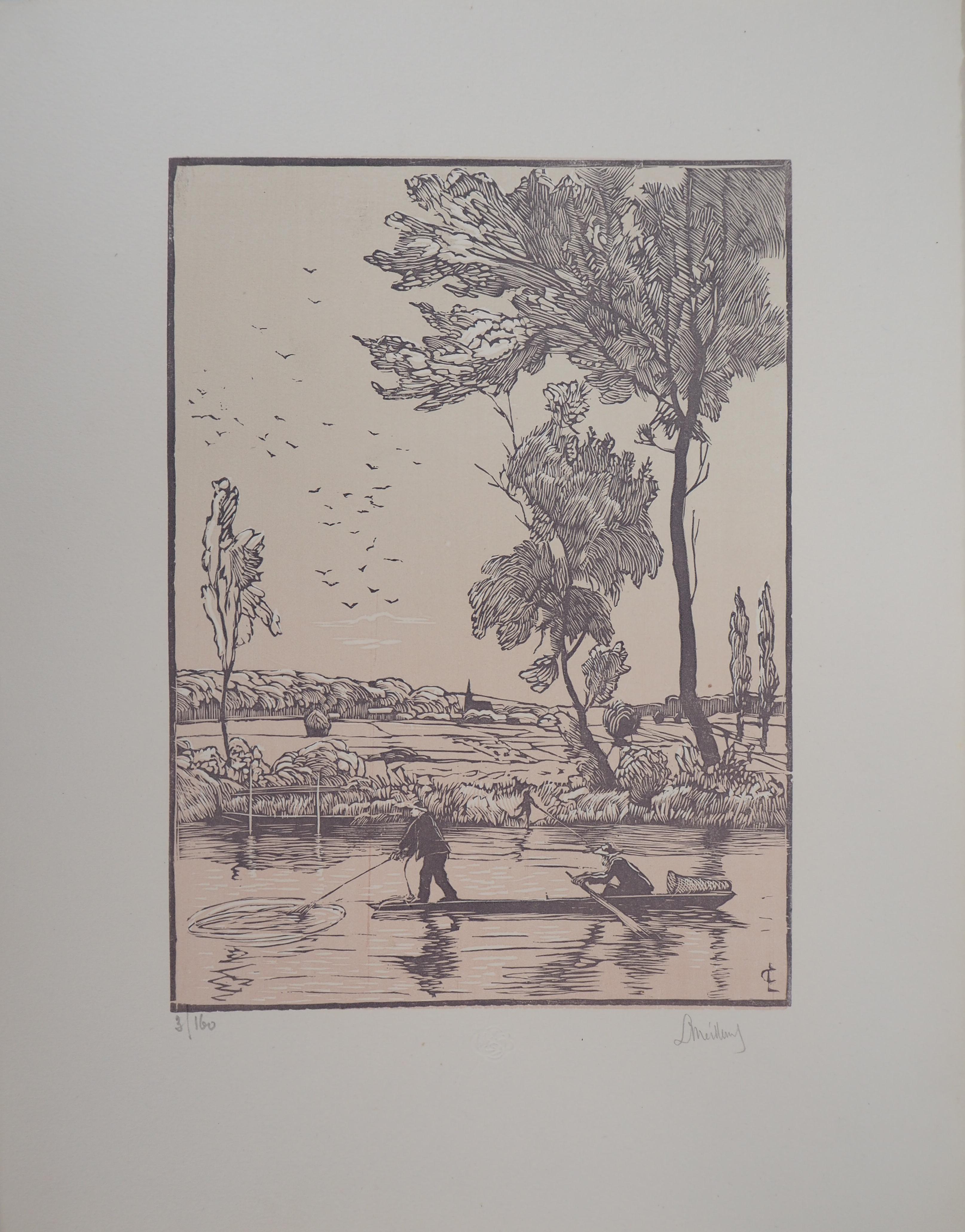 Georges LE MEILLEUR Landscape Print - Fisherman on the River - Original wooodcut, Handsigned