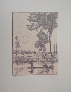 Antique Fisherman on the River - Original wooodcut, Handsigned