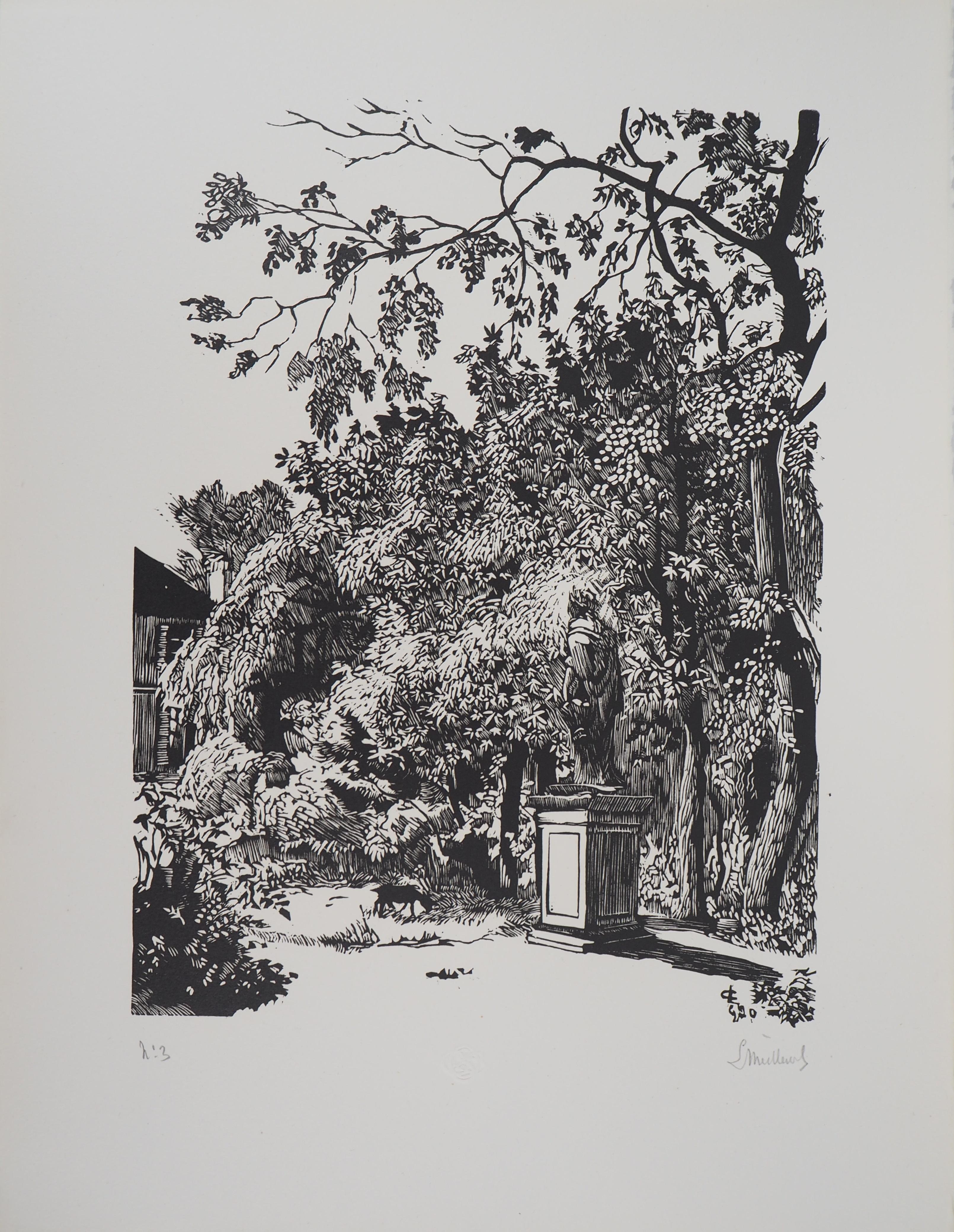 Jardín con Estatuas Antic - Corte de madera original, Firmado a mano - Print de Georges LE MEILLEUR
