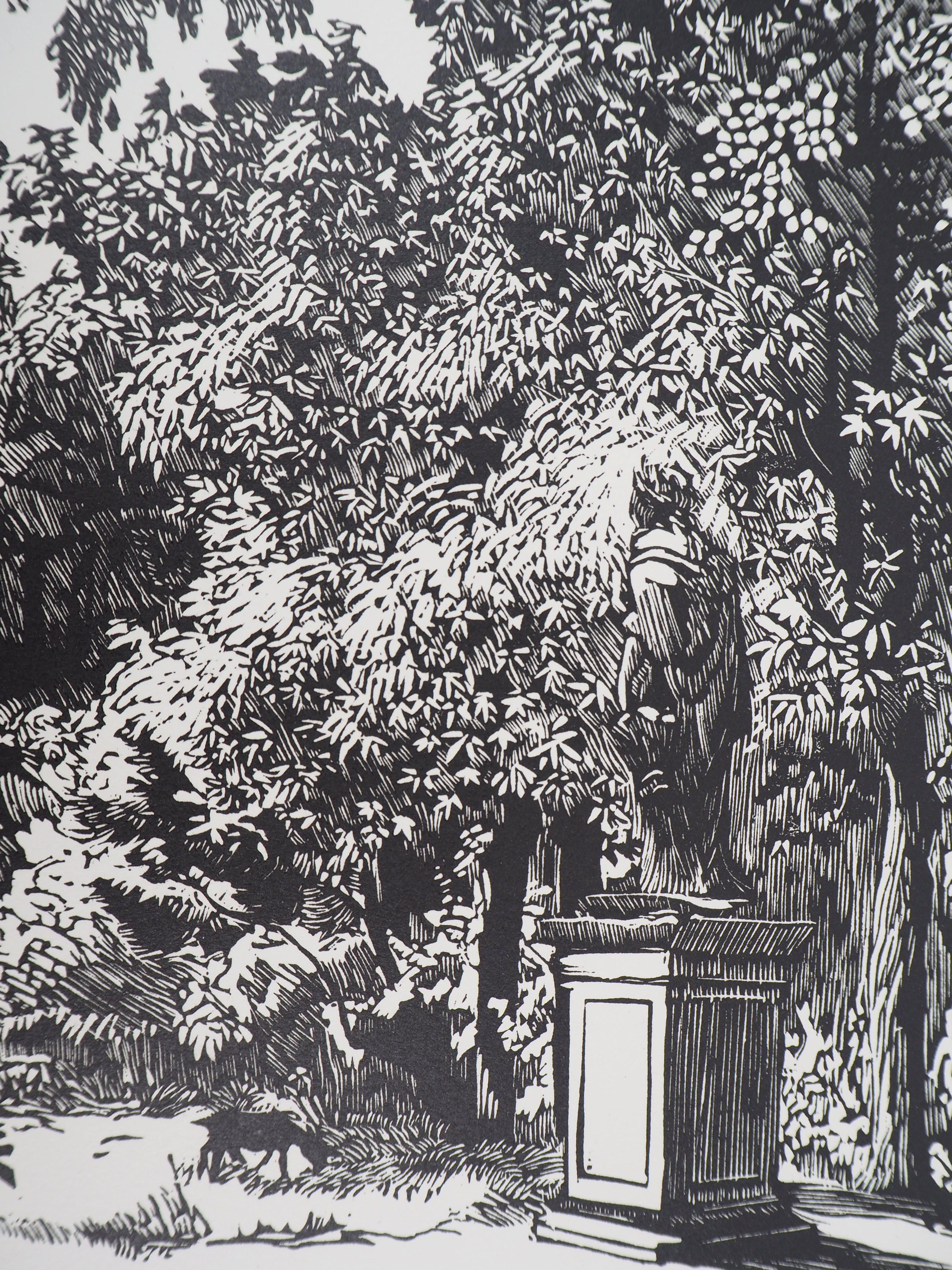 Jardín con Estatuas Antic - Corte de madera original, Firmado a mano - Print Art Decó de Georges LE MEILLEUR