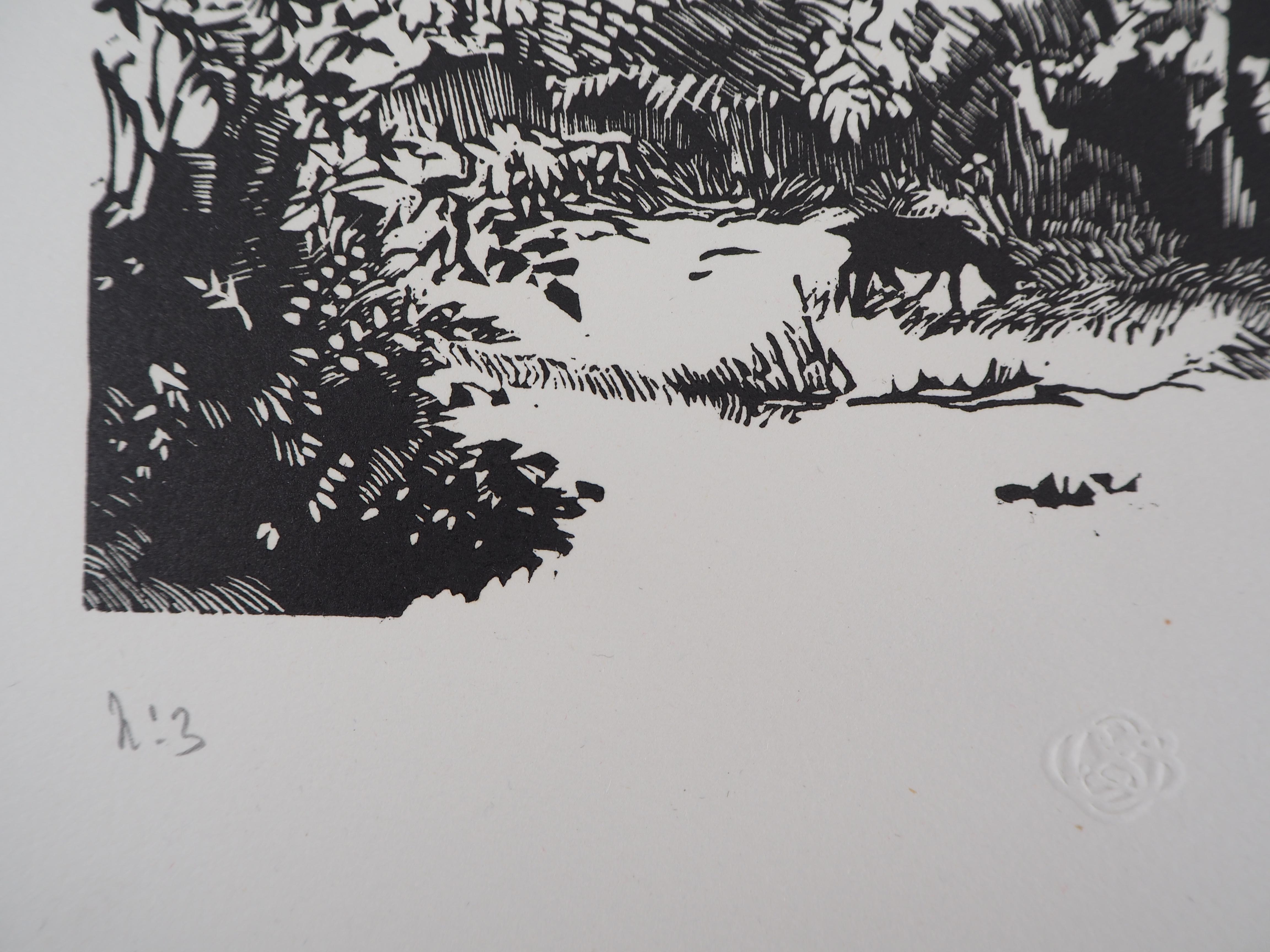 Jardín con Estatuas Antic - Corte de madera original, Firmado a mano - Landscape Print Gris de Georges LE MEILLEUR