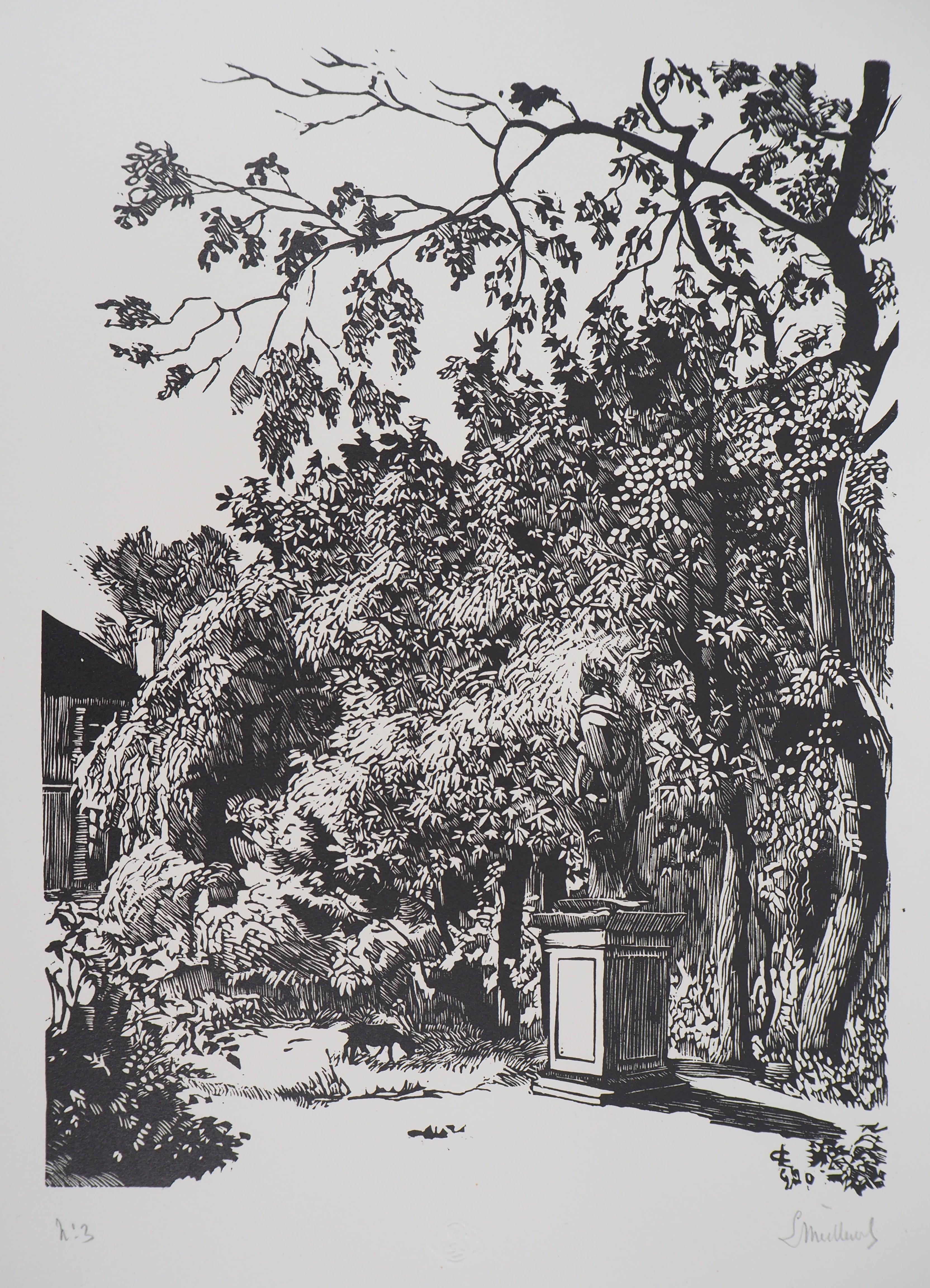 Landscape Print de Georges LE MEILLEUR - Jardín con Estatuas Antic - Corte de madera original, Firmado a mano