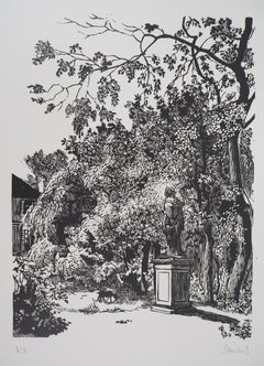 Garden with Antic Statues - Original wooodcut, Handsigned