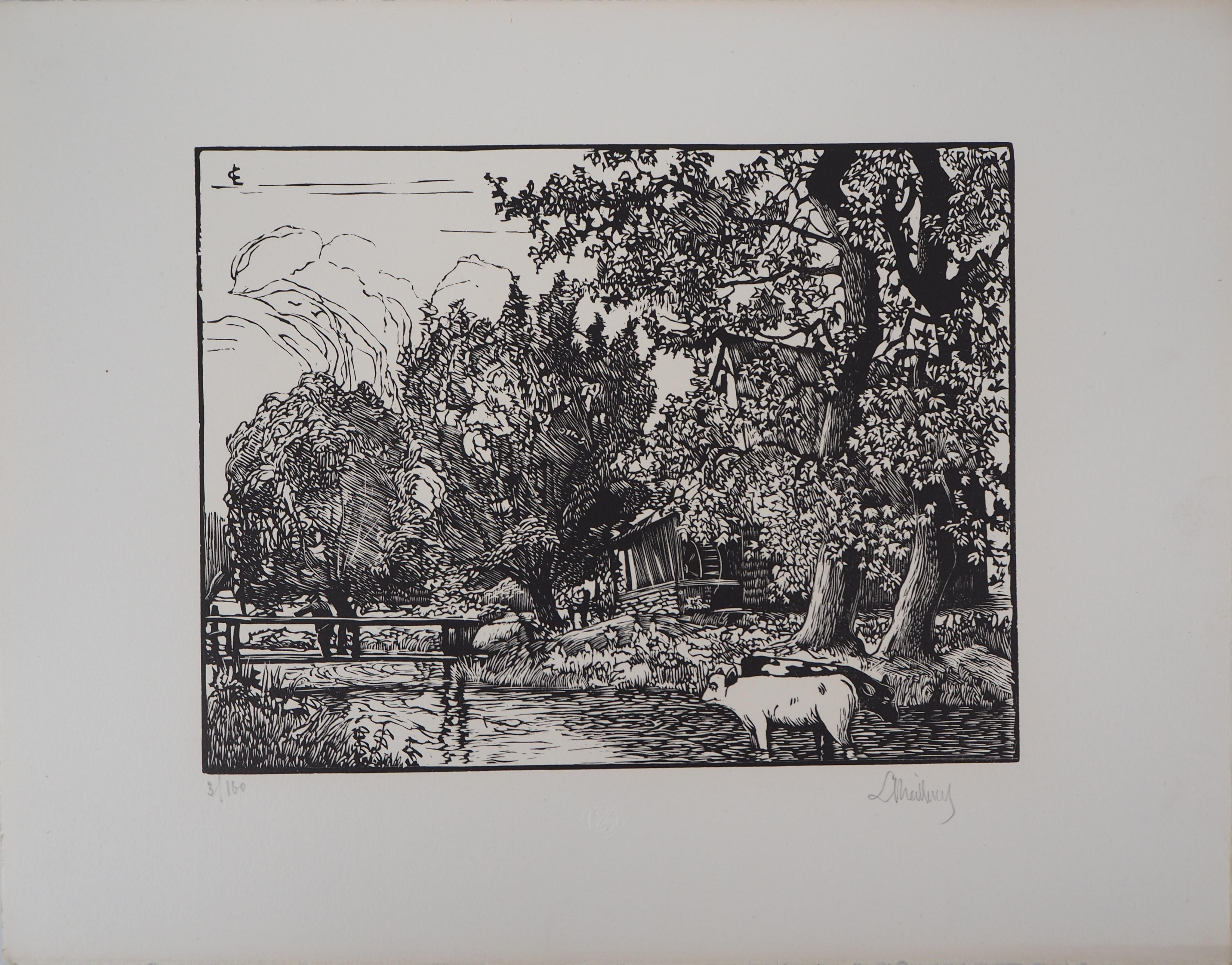 Landscape with a Mill on the River - Original wooodcut, Handsigned - Print by Georges LE MEILLEUR
