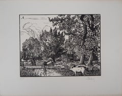 Landscape with a Mill on the River - Original wooodcut, Handsigned