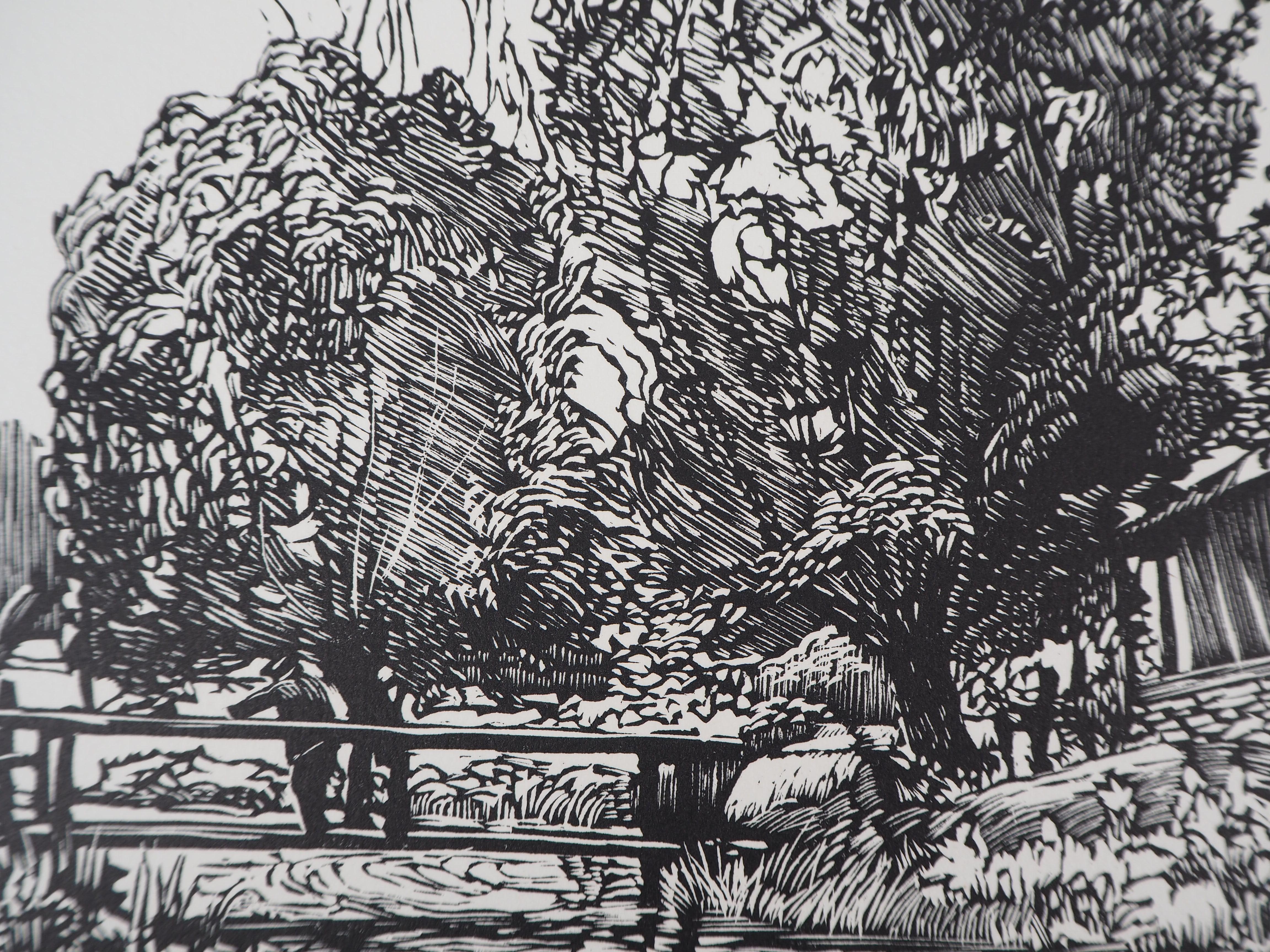 Landscape with a Mill on the River - Original wooodcut, Handsigned - Art Deco Print by Georges LE MEILLEUR