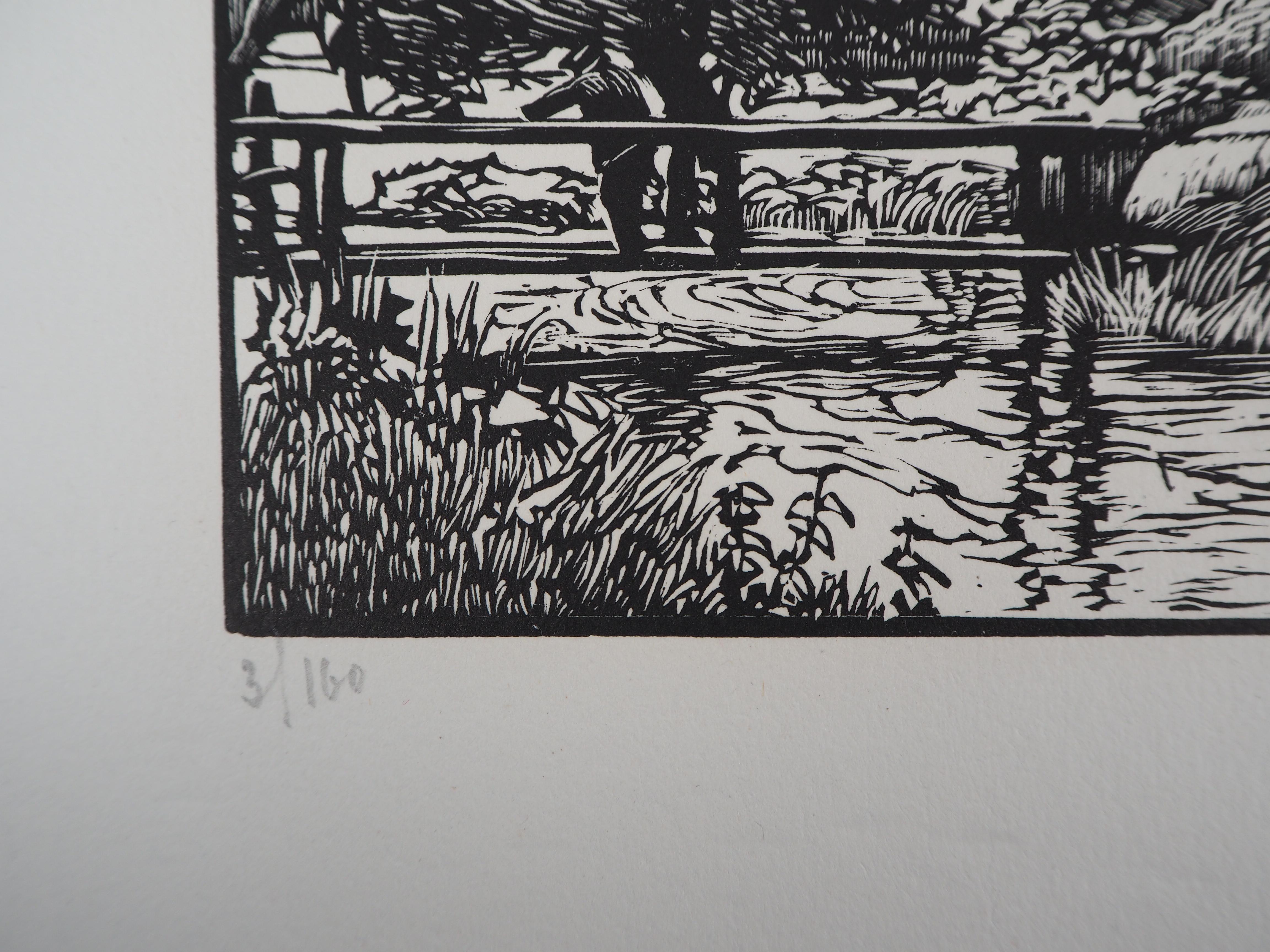 Landscape with a Mill on the River - Original wooodcut, Handsigned - Gray Landscape Print by Georges LE MEILLEUR