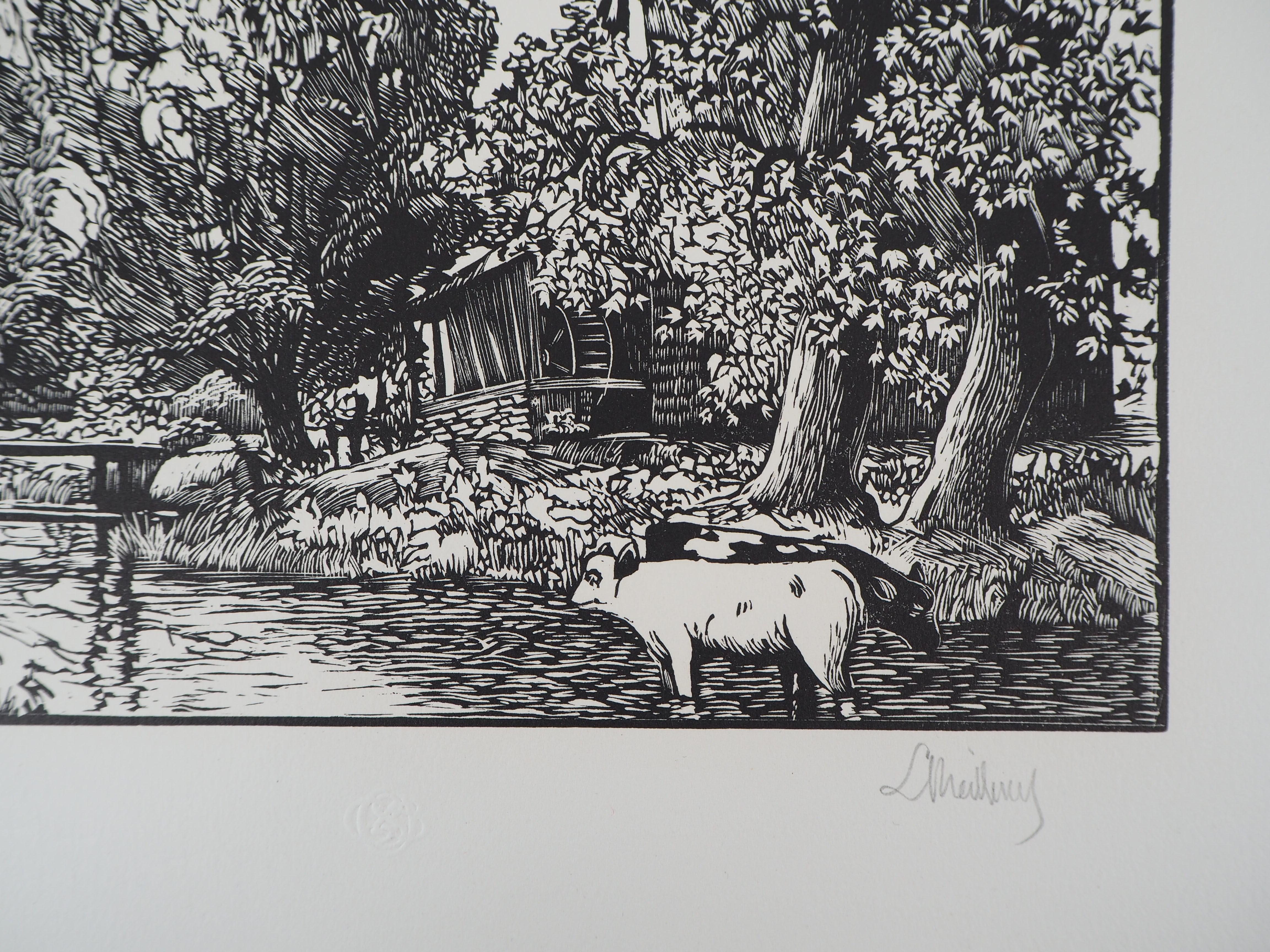 Georges LE MEILLEUR (1861-1945)
Landscape with a Mill on the River, 1928

Original woodcut
Handsigned in pencil
Numbered /160
On vellum 32.5 x 25.5 cm (c. 13 x 10 in)
Bears the blind stamp of the editor 'Imagier de la Gravure sur Bois' (Lugt