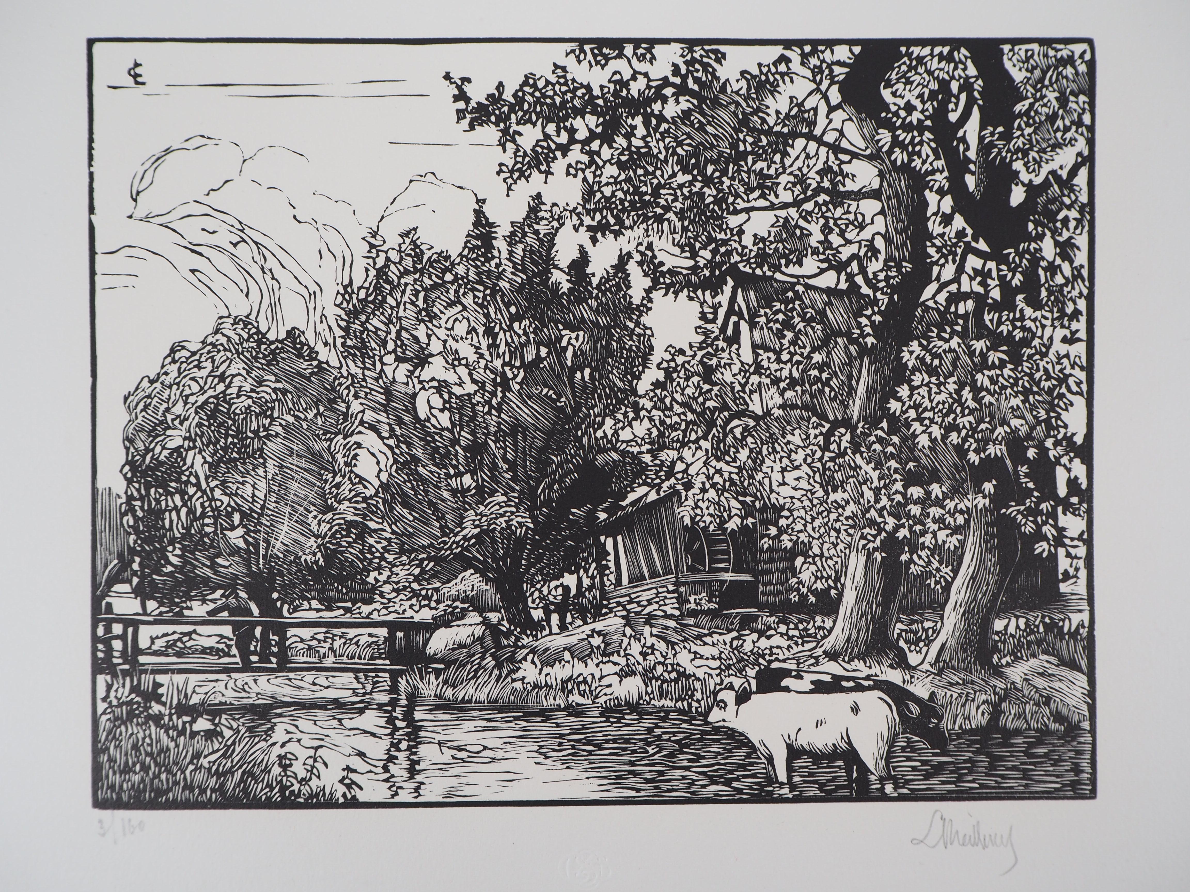 Paesaggio con mulino sul fiume - Legno originale, firma autografa
