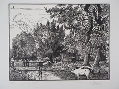 Paisaje con un molino en el río - Grabado original en madera, Firmado a mano