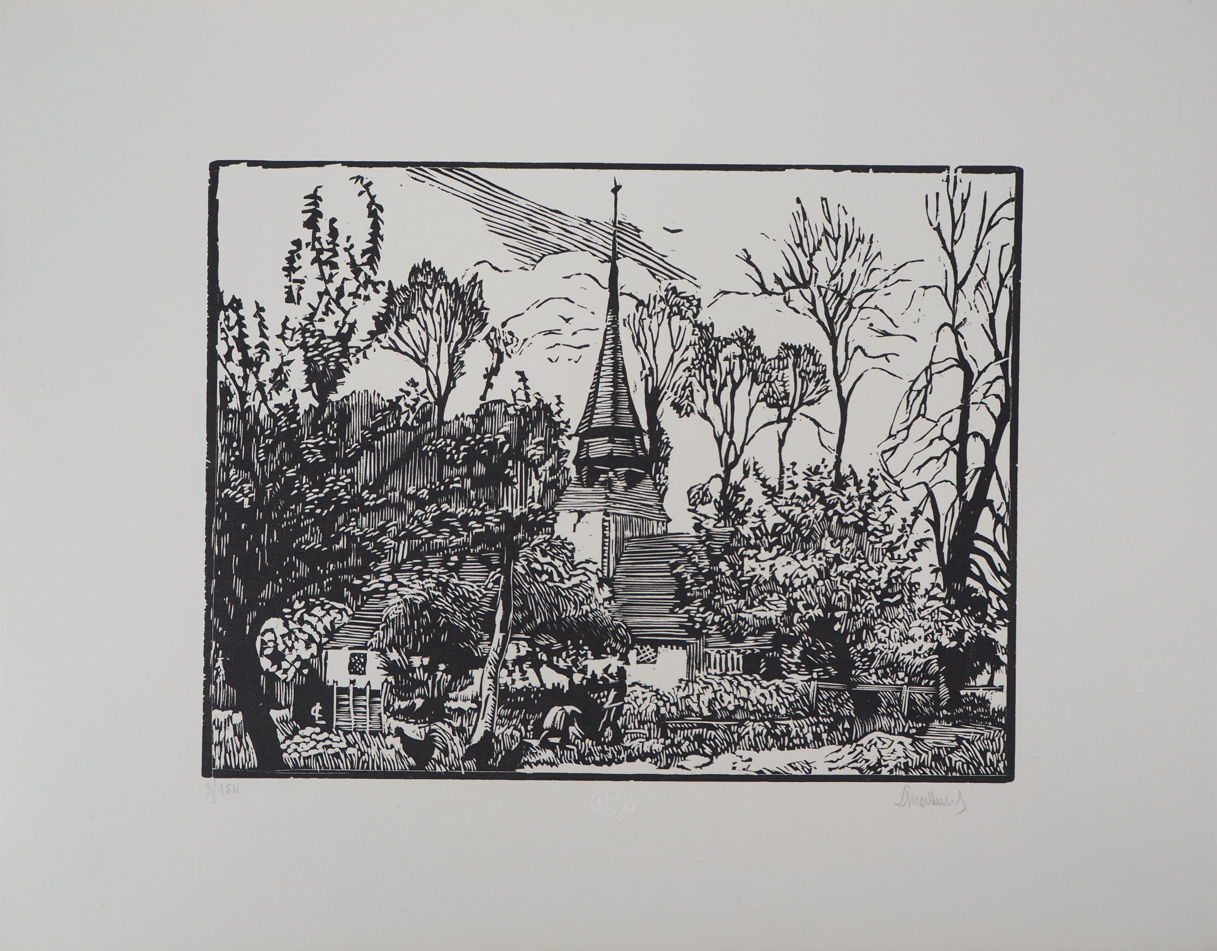 La Iglesia Vieja - Corte de madera original, Firmado a mano - Print de Georges LE MEILLEUR