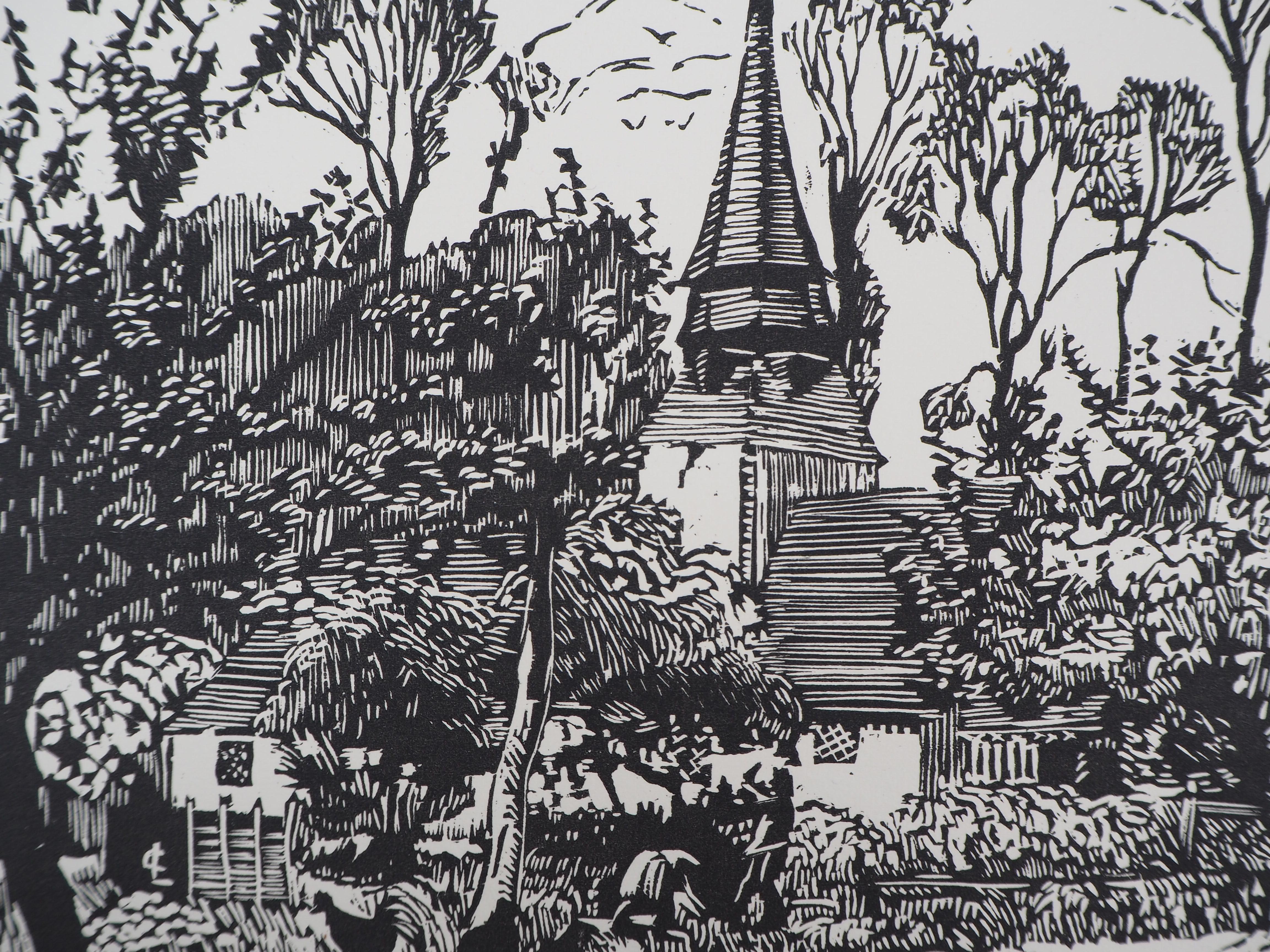 La Iglesia Vieja - Corte de madera original, Firmado a mano - Print Art Decó de Georges LE MEILLEUR