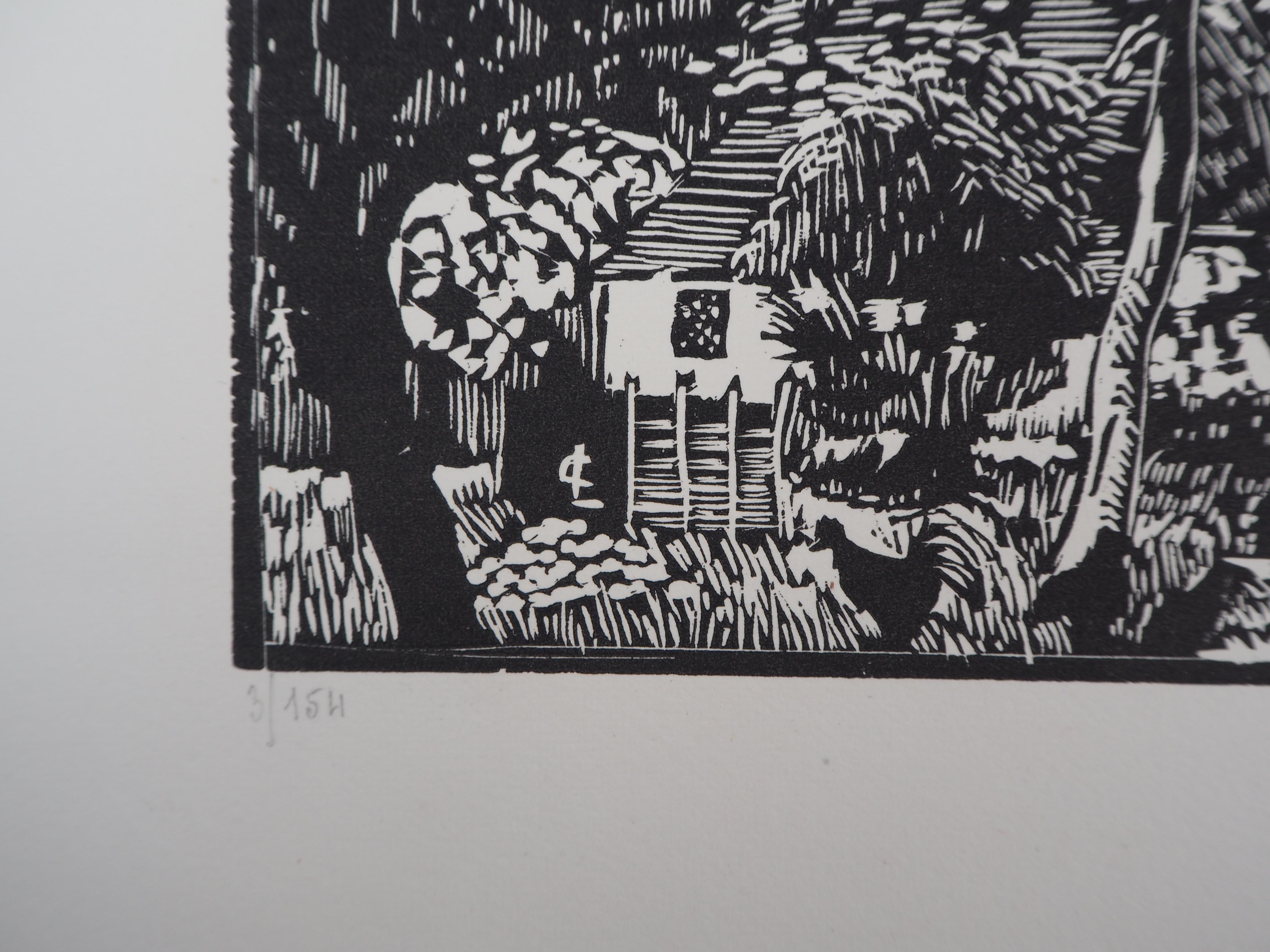 La Iglesia Vieja - Corte de madera original, Firmado a mano - Landscape Print Gris de Georges LE MEILLEUR