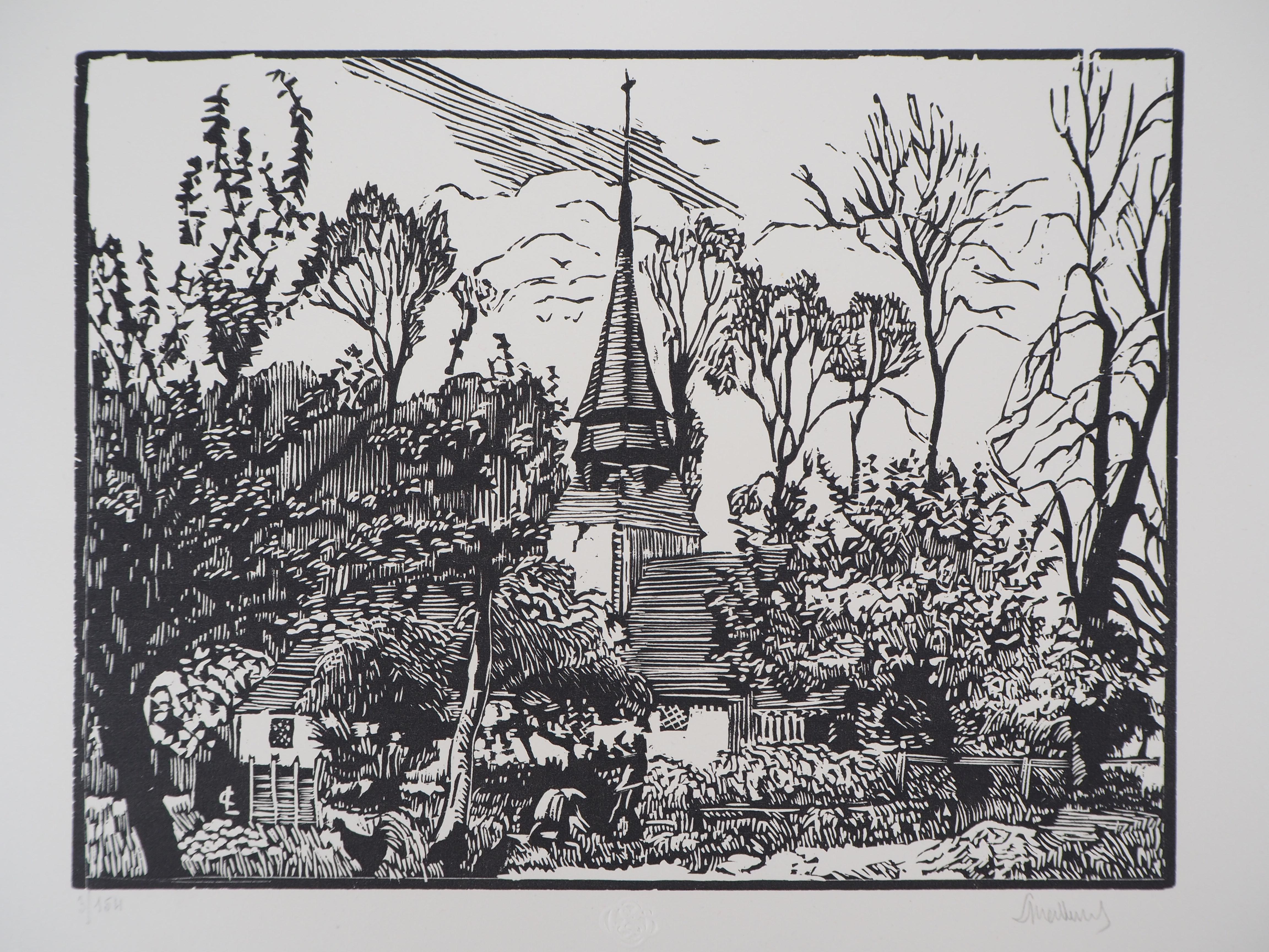Landscape Print de Georges LE MEILLEUR - La Iglesia Vieja - Corte de madera original, Firmado a mano