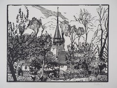 Antique The Old Church - Original wooodcut, Handsigned