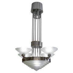 Georges Leleu Art Deco Chandelier, Chromed Nickel & Glass 1920