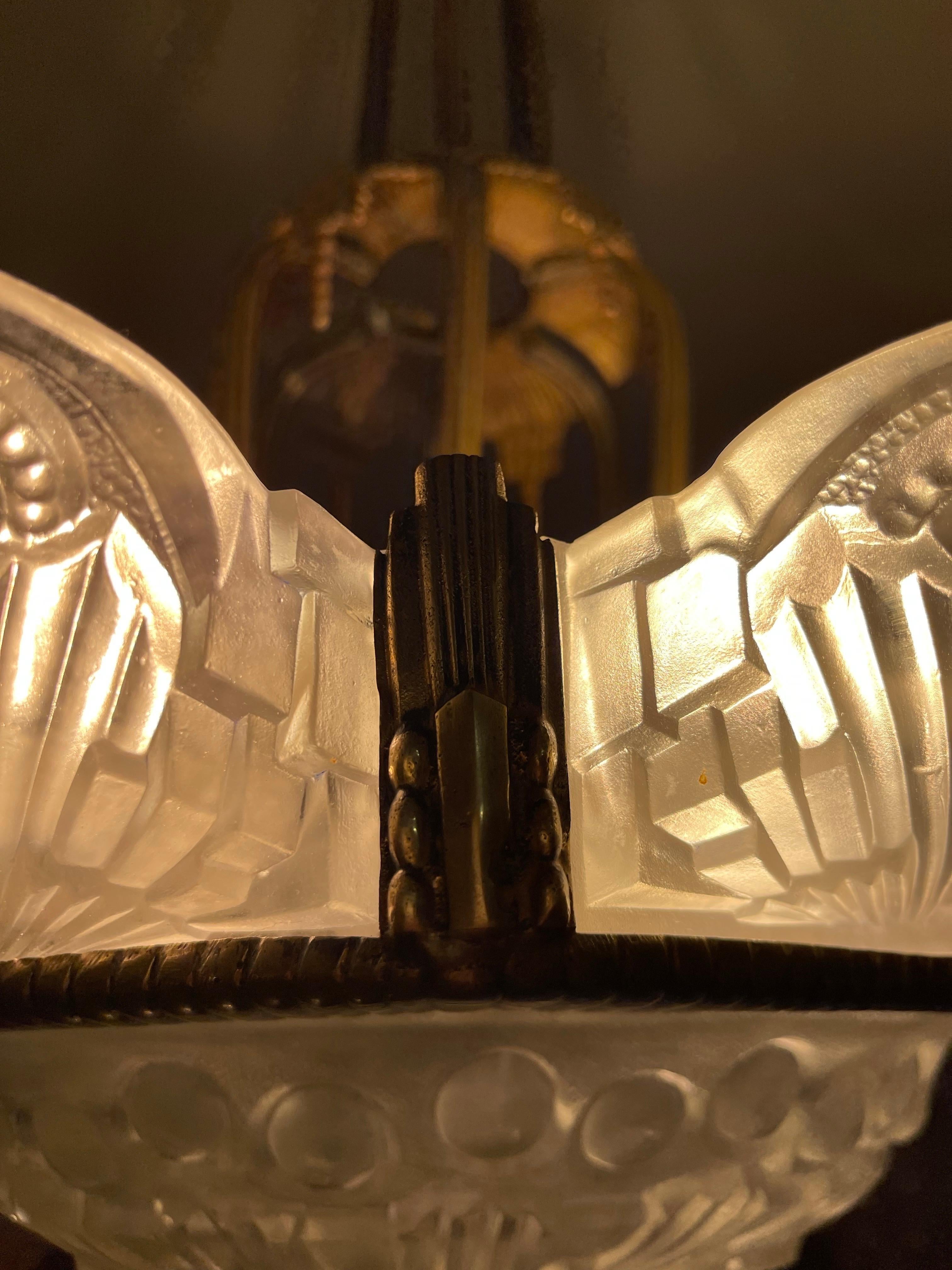 Lustre Georges Leleu en bronze et verre original, français 1930 Bon état - En vente à La xara, VC