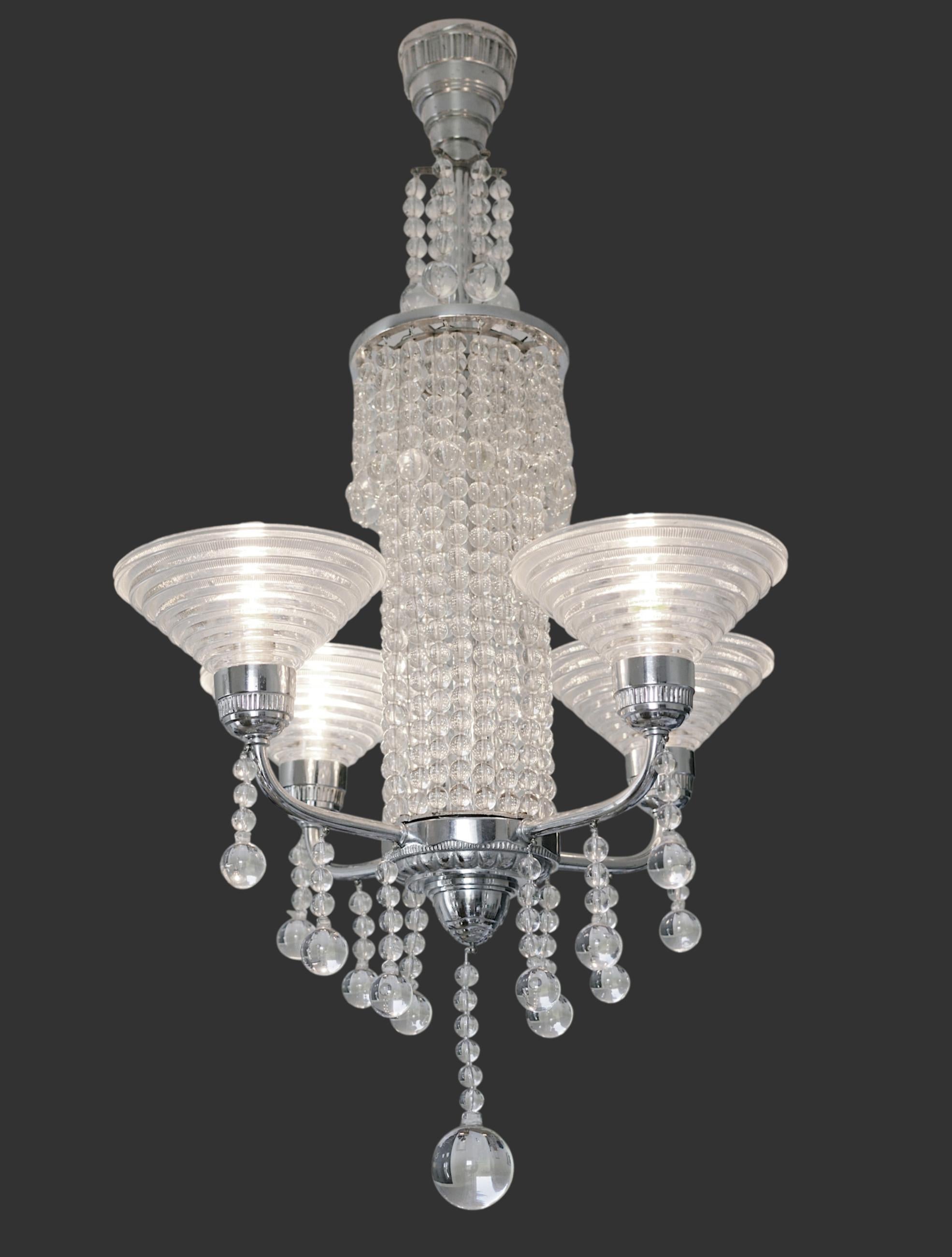 French Art Deco chandelier by Georges LELEU, 53, rue Faubourg Saint-Antoine, 11e,  France, 1920s. Chromed nickel and glass. This chandelier is referenced V.4107 and titled 