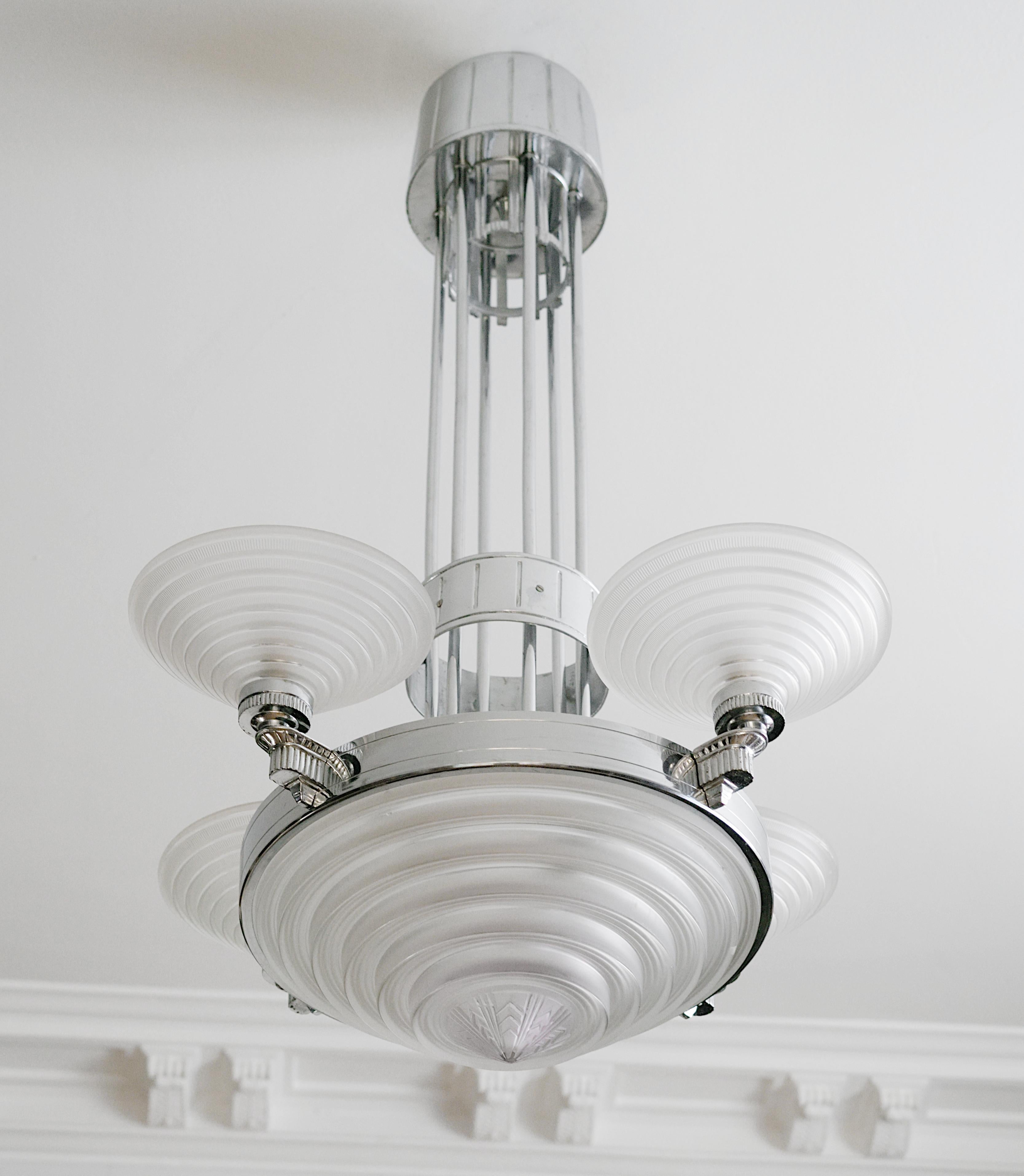 Vetro Lampadario Art Deco Modernista Francese Georges Leleu, 1920 in vendita