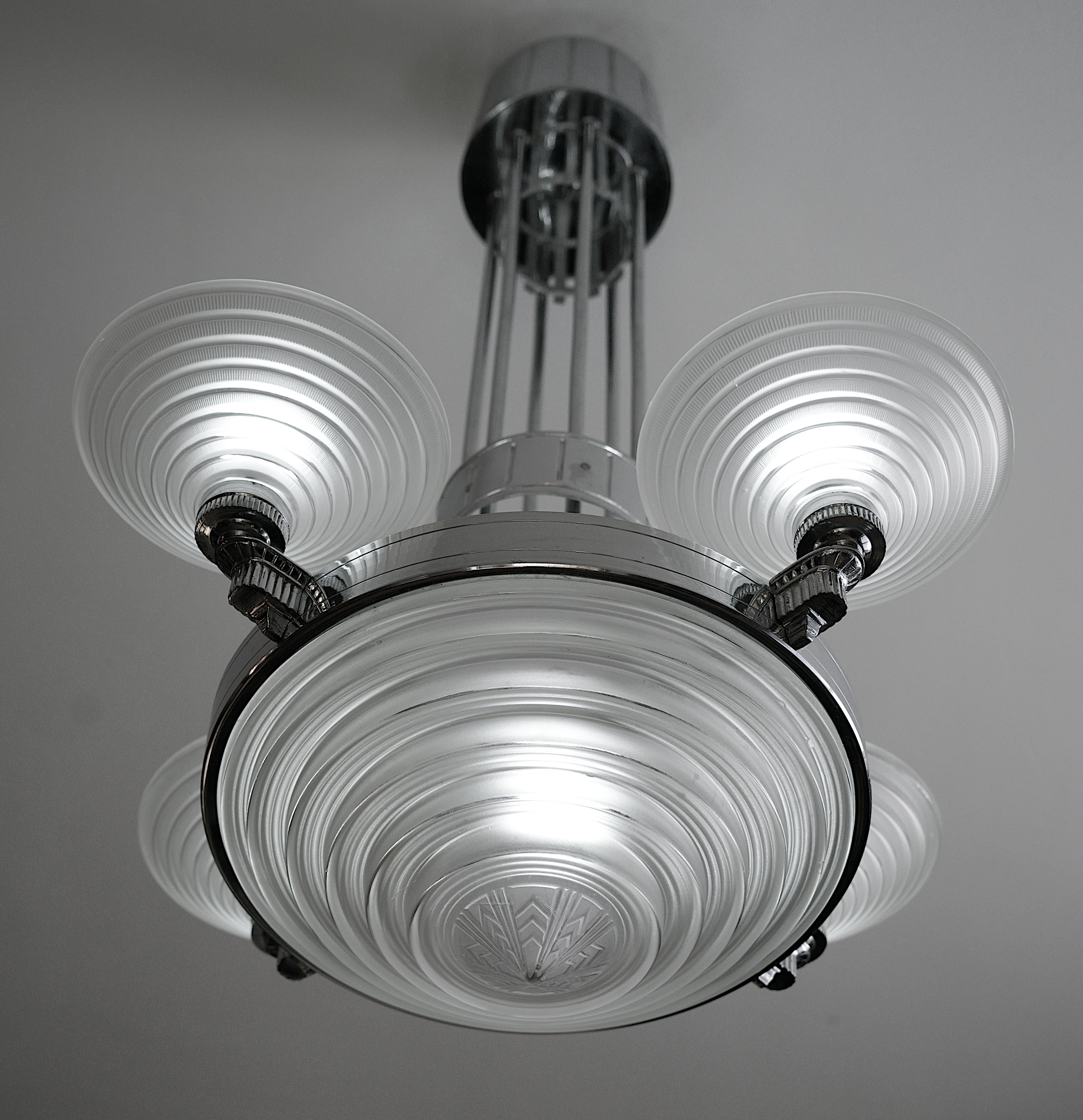 Georges LELEU French Art Deco Modernist Chandelier, 1920s For Sale 3