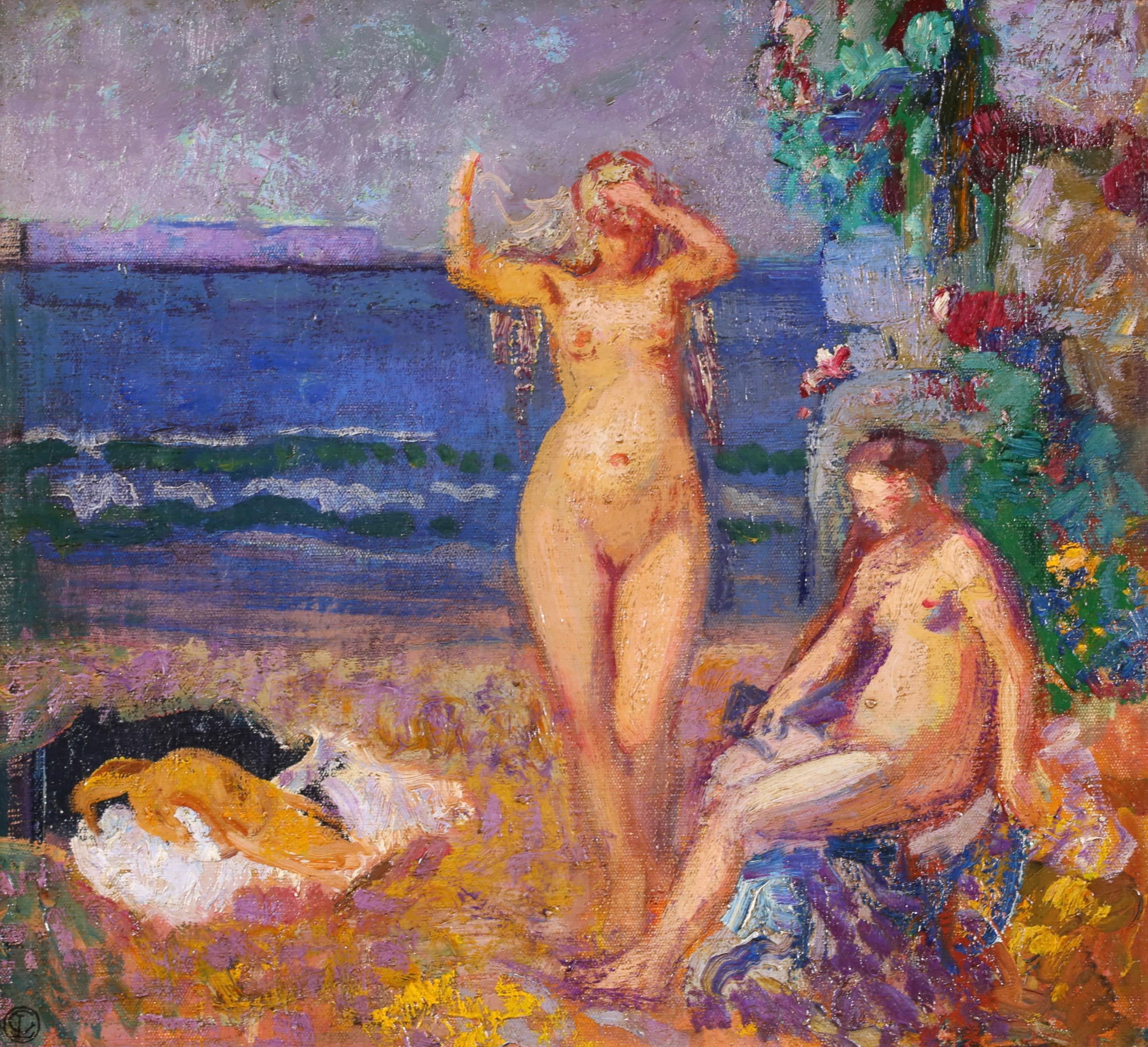 Les Baigneuses - Nudi neo-impressionisti in paesaggi ad olio di Georges Lemmen in vendita 1