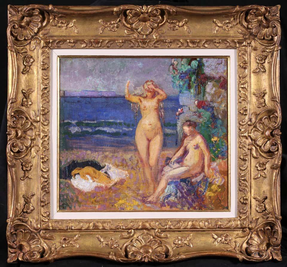 Les Baigneuses - Neo-Impressionist Nudes in Landscape Oil by Georges Lemmen
