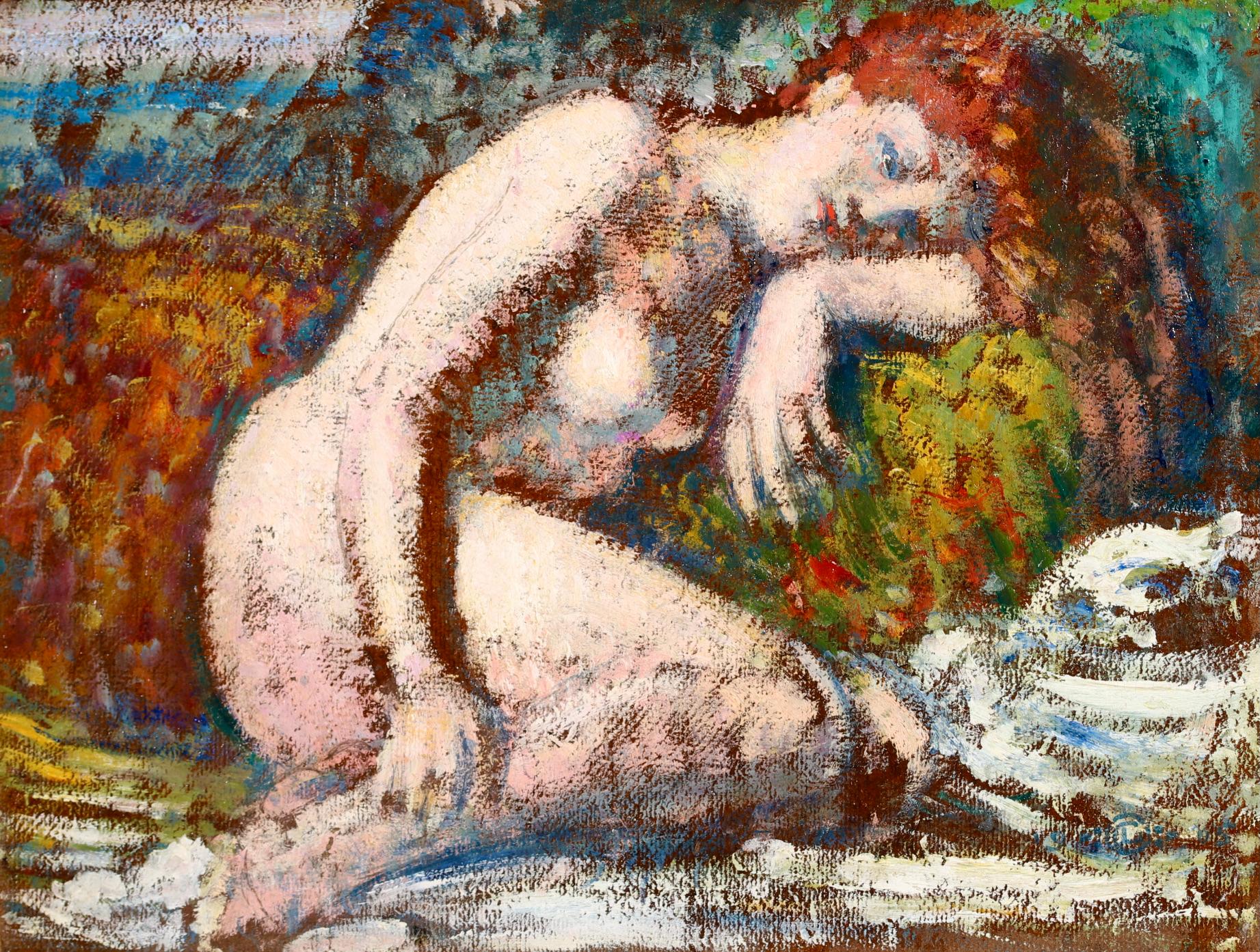 Reverie - Peinture à l'huile figurative néo-impressionniste d'un nu de Georges Lemmen en vente 1