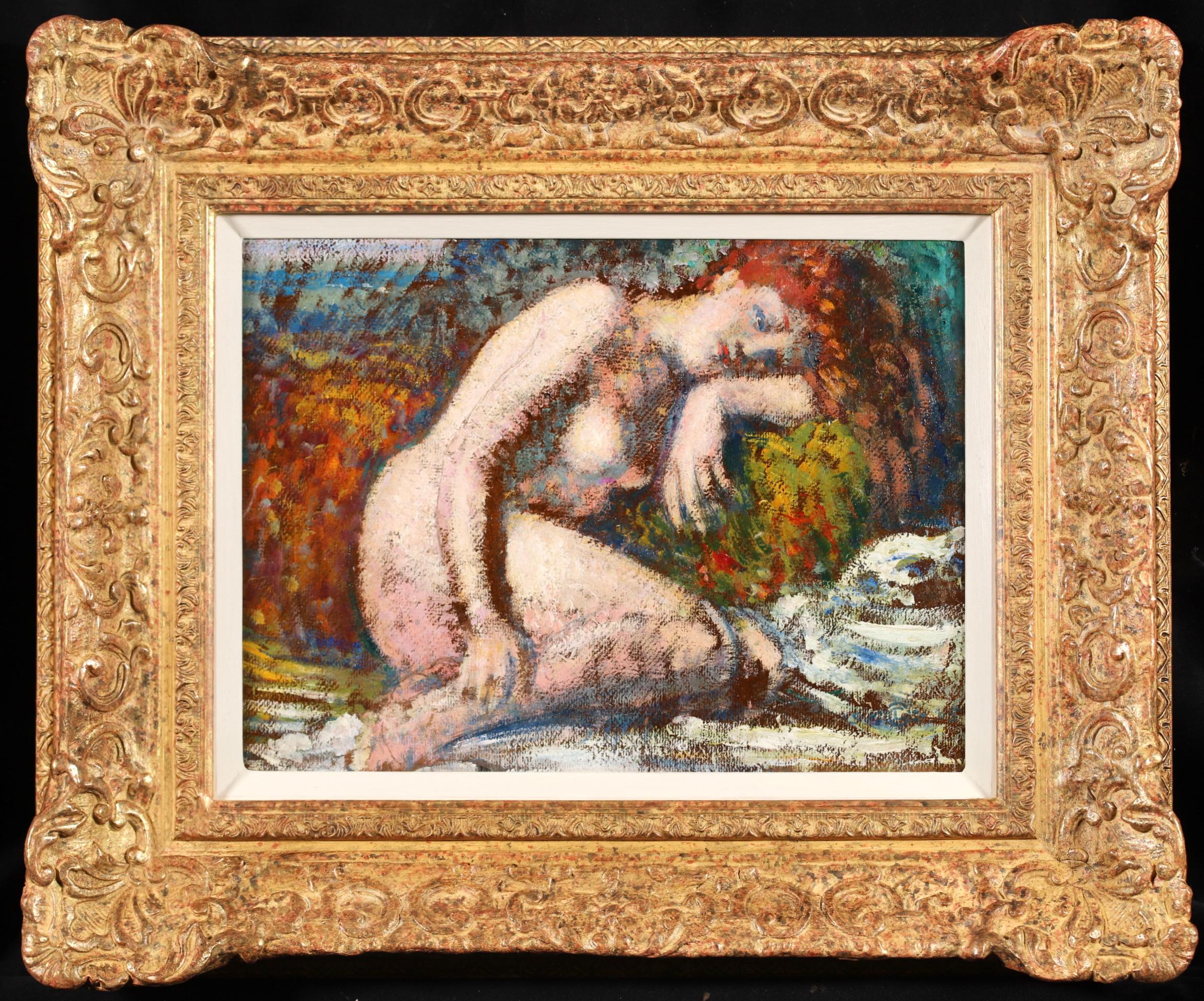 Signed and titled oil on board nude circa 1905 by Belgian neo-impressionist painter Georges Lemmen. The work titled 'Reverie' depicts a red-haired lady who is kneeling down and resting her head on her arm.

Signature:
Signed lower right and titled