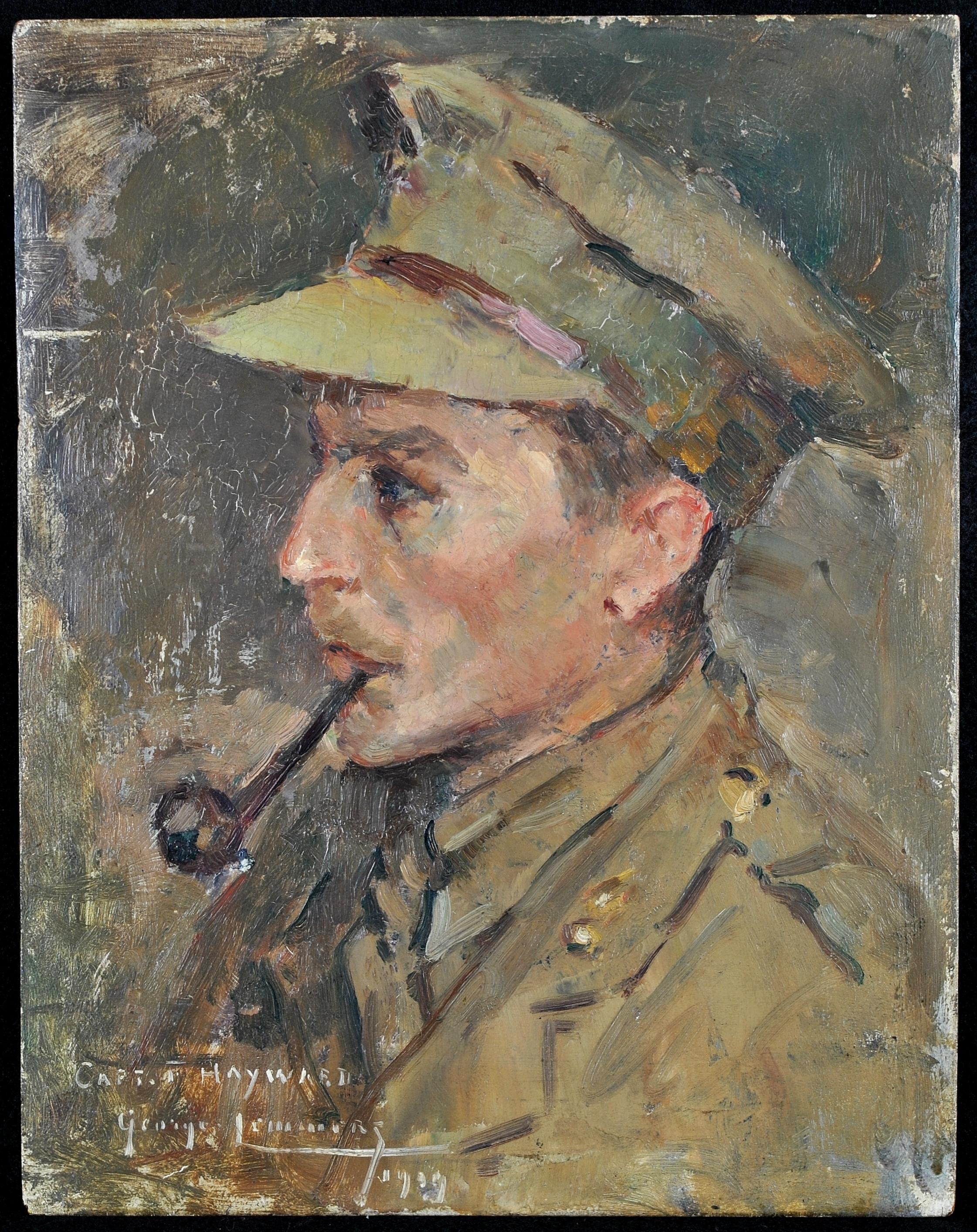 Fine signed and dated 1909 oil on mahogany panel portrait of ''Captain Hayward'' by Belgian artist Georges Lemmers. Superb quality rendering of the dashing young officer smoking a pipe in full officer uniform. Inscribed, signed and dated lower