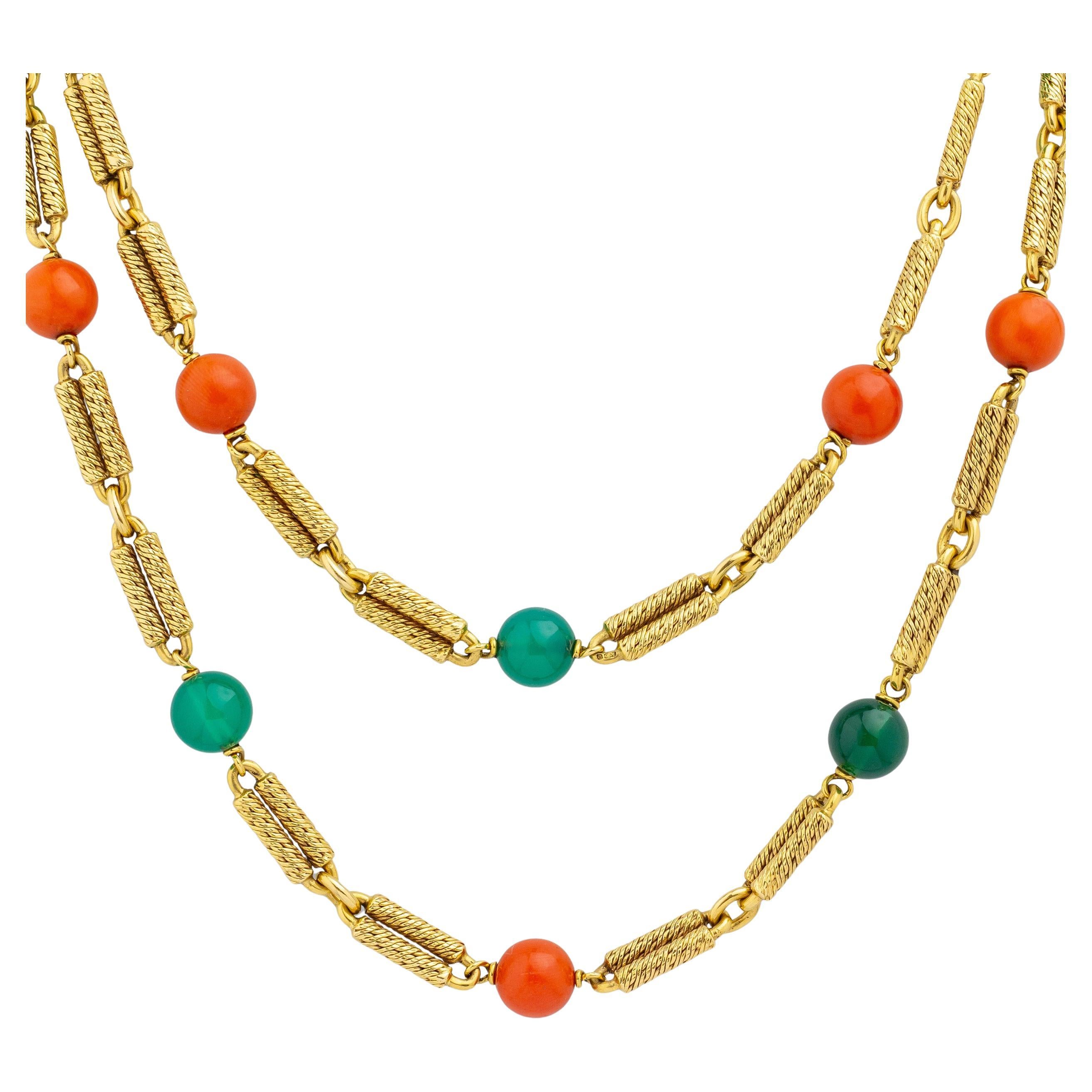 Georges Lenfant 18 Karat Yellow Gold, Chrysoprase & Coral Necklace