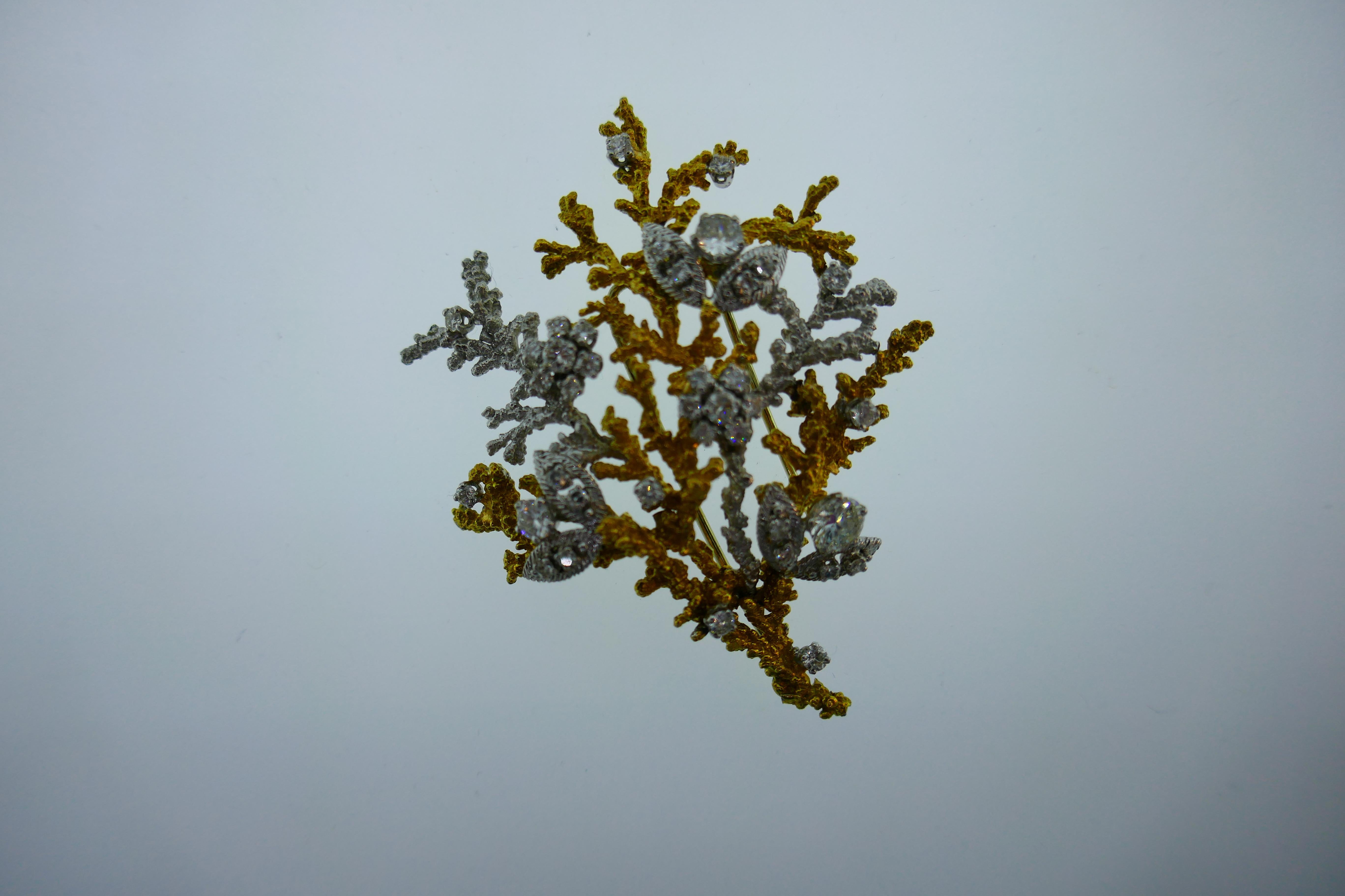Rough Cut Georges Lenfant 18k Gold and Diamond Tree Brooch Clip circa 1950s Retro, France For Sale