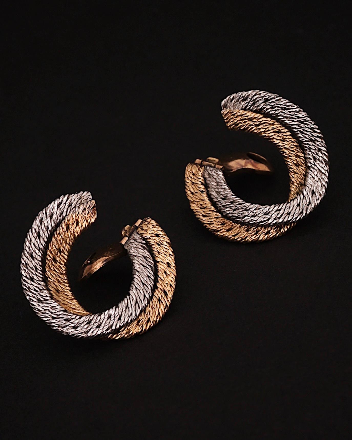 Women's Georges Lenfant, 18k White & Yellow Gold 'Paillettes' Hoops Earrings, Late 1960