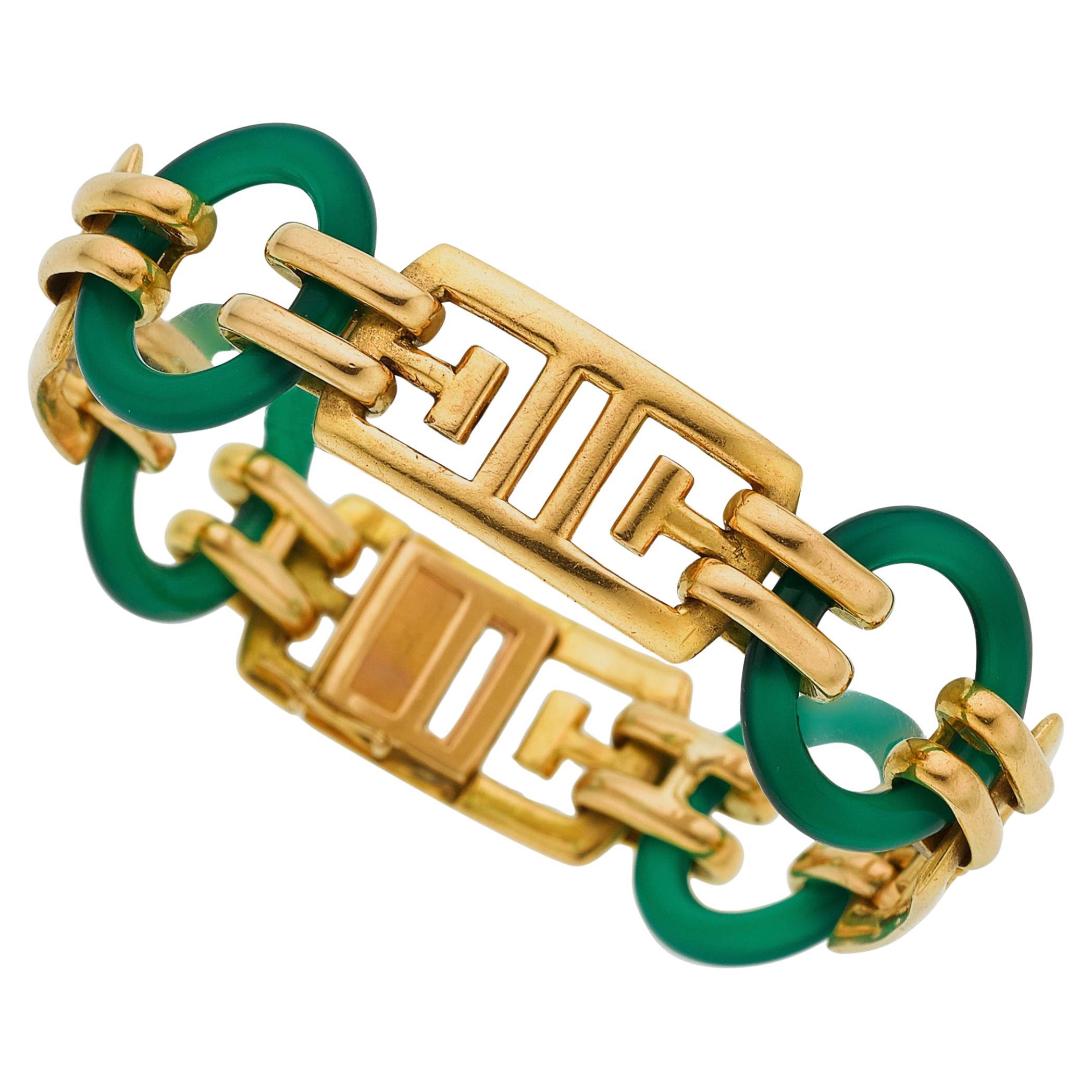 Georges Lenfant, Art Deco 18k Gold & Chrysoprase Link Bracelet, Late 1930s For Sale