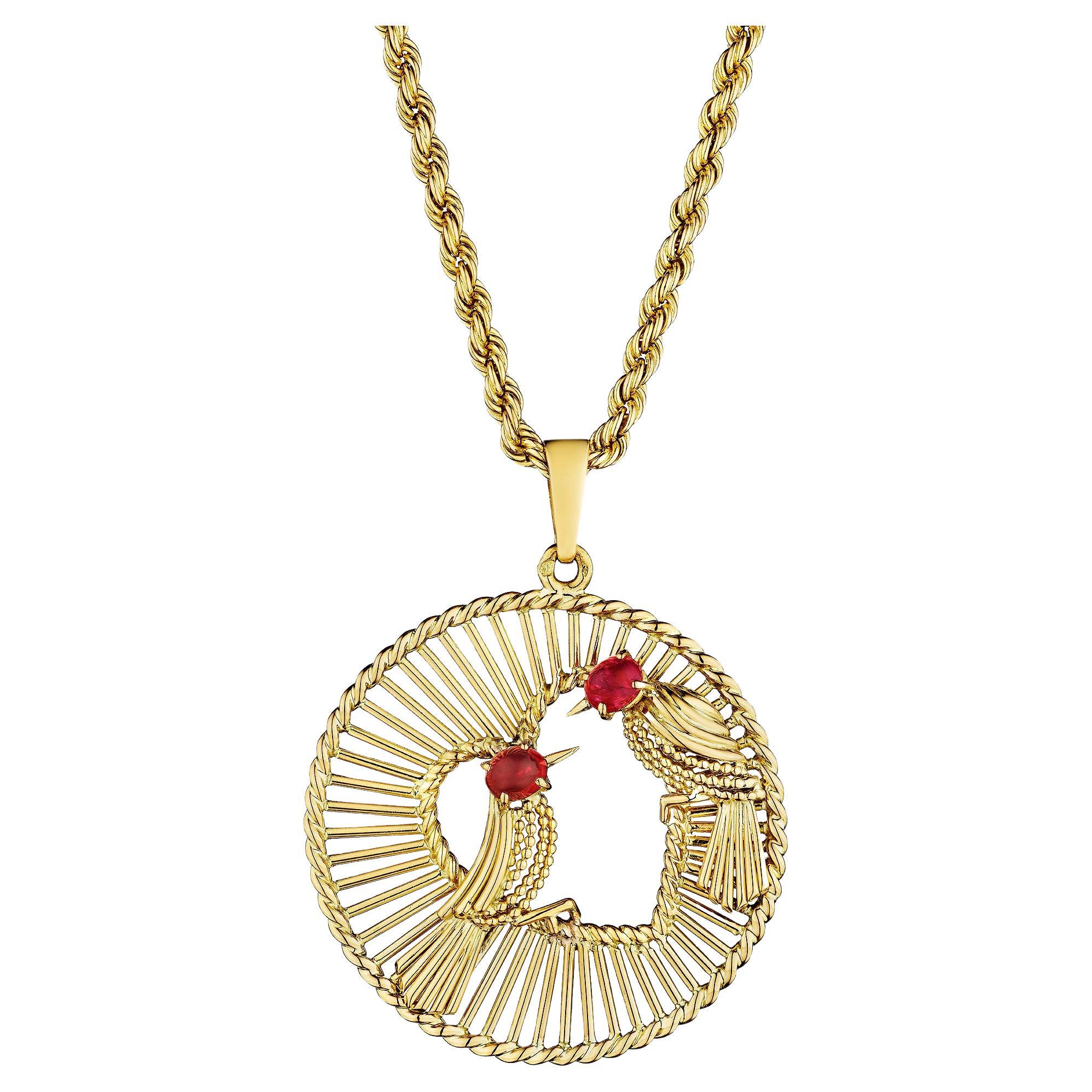 Georges L'enfant Cartier Paris Midcentury Ruby Gold Love Birds Pendant Necklace