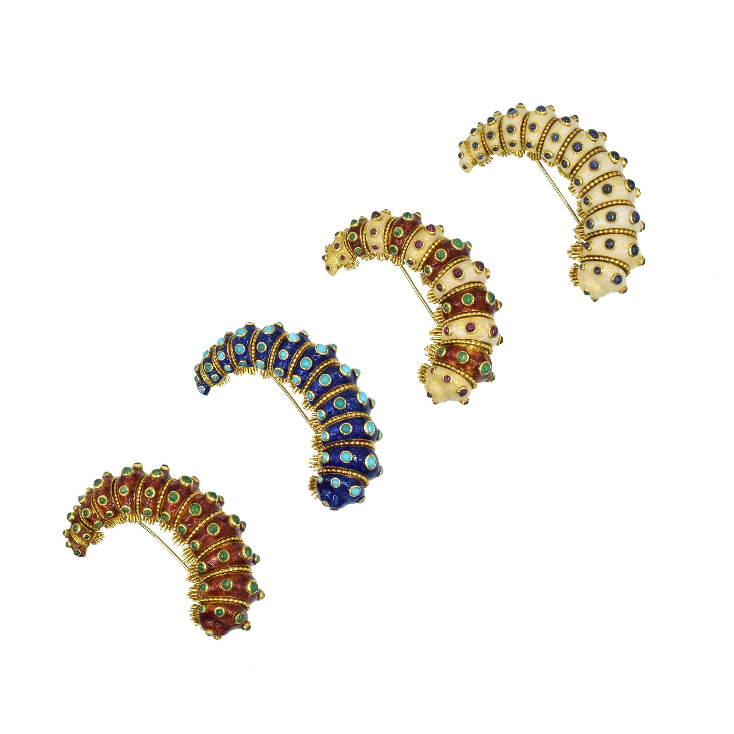 Four Enamel, Diamond and Gem- Set Clip-Brooches. 
. Designed as  caterpillars, the first applied with blue enamel, accented with turquoise cabochons, the eyes set with single-cut diamonds the second applied with red enamel, accented with emerald