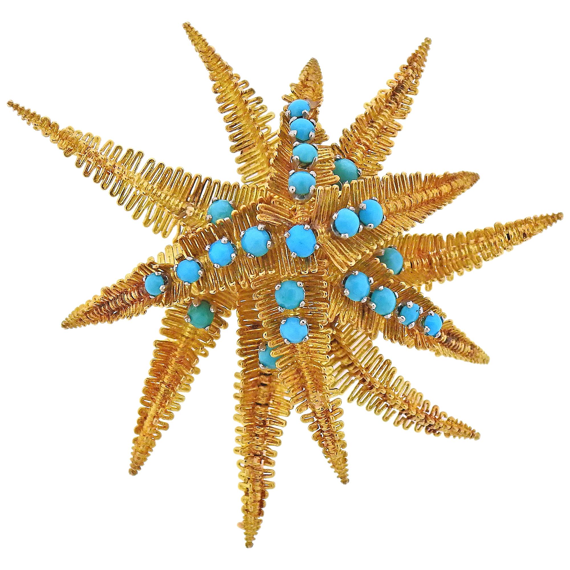 Georges L'Enfant French Large Turquoise Gold Brooch For Sale