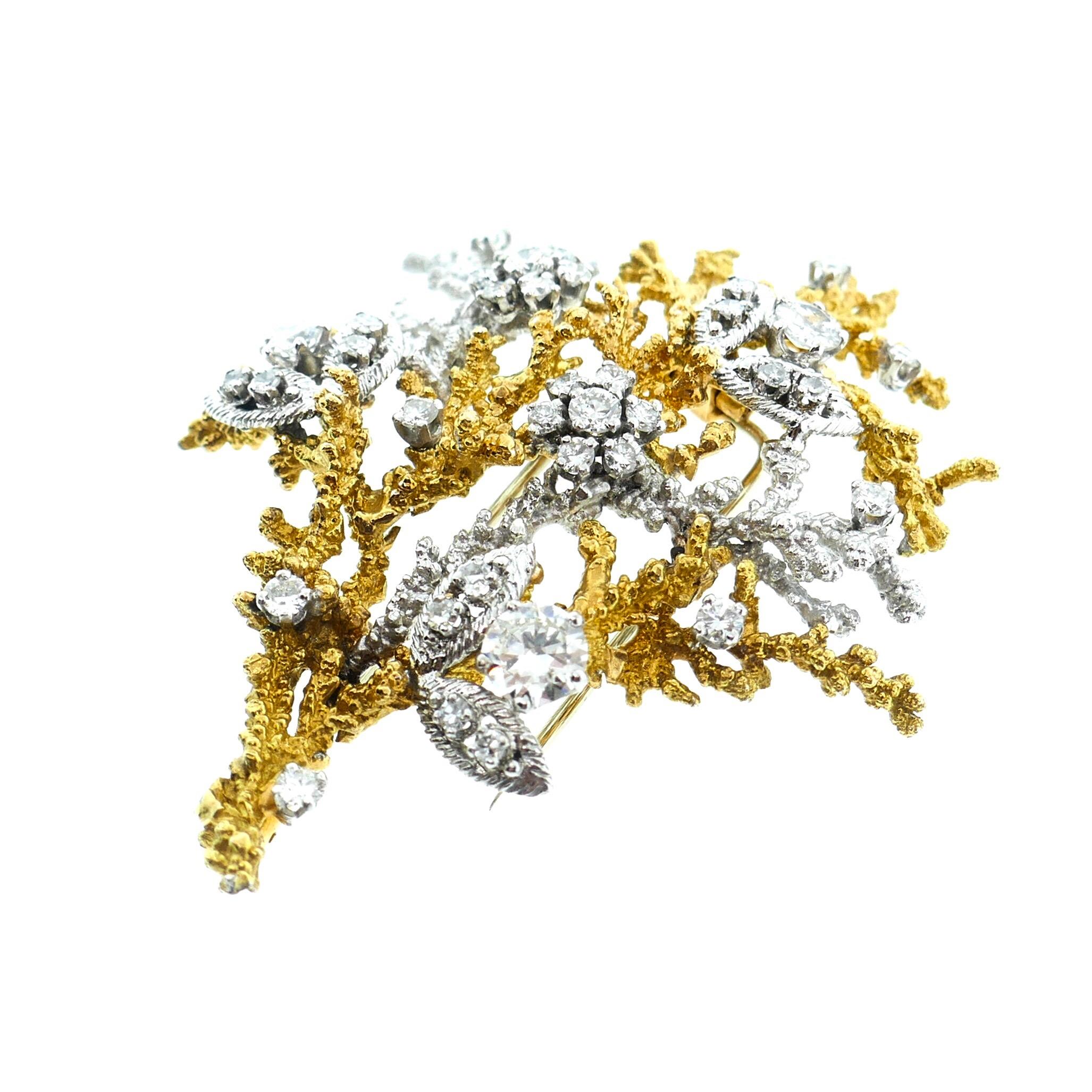 Post-War Georges L'Enfant French Yellow and White Gold Diamond Tree of Life Brooch For Sale