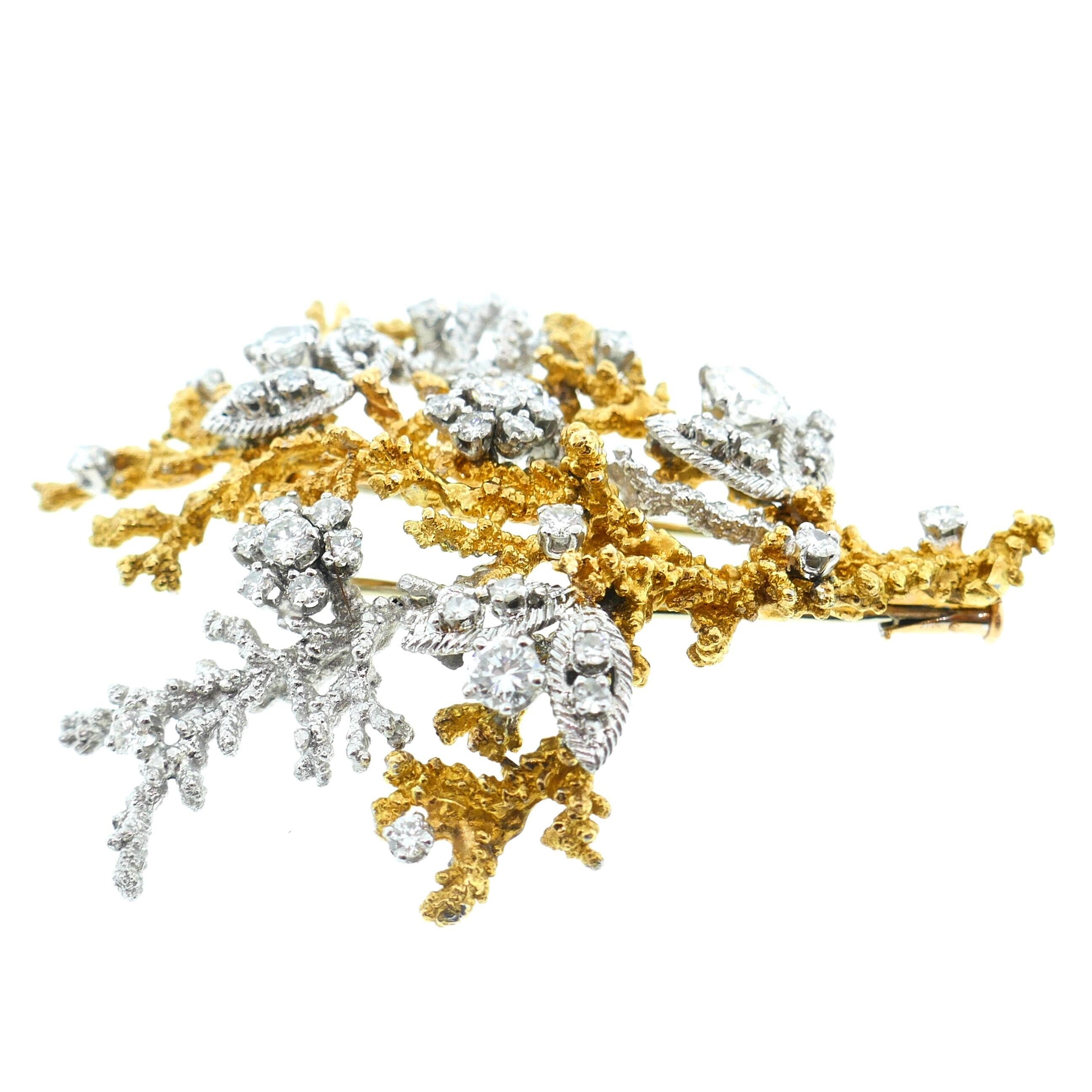 Women's Georges L'Enfant French Yellow and White Gold Diamond Tree of Life Brooch For Sale