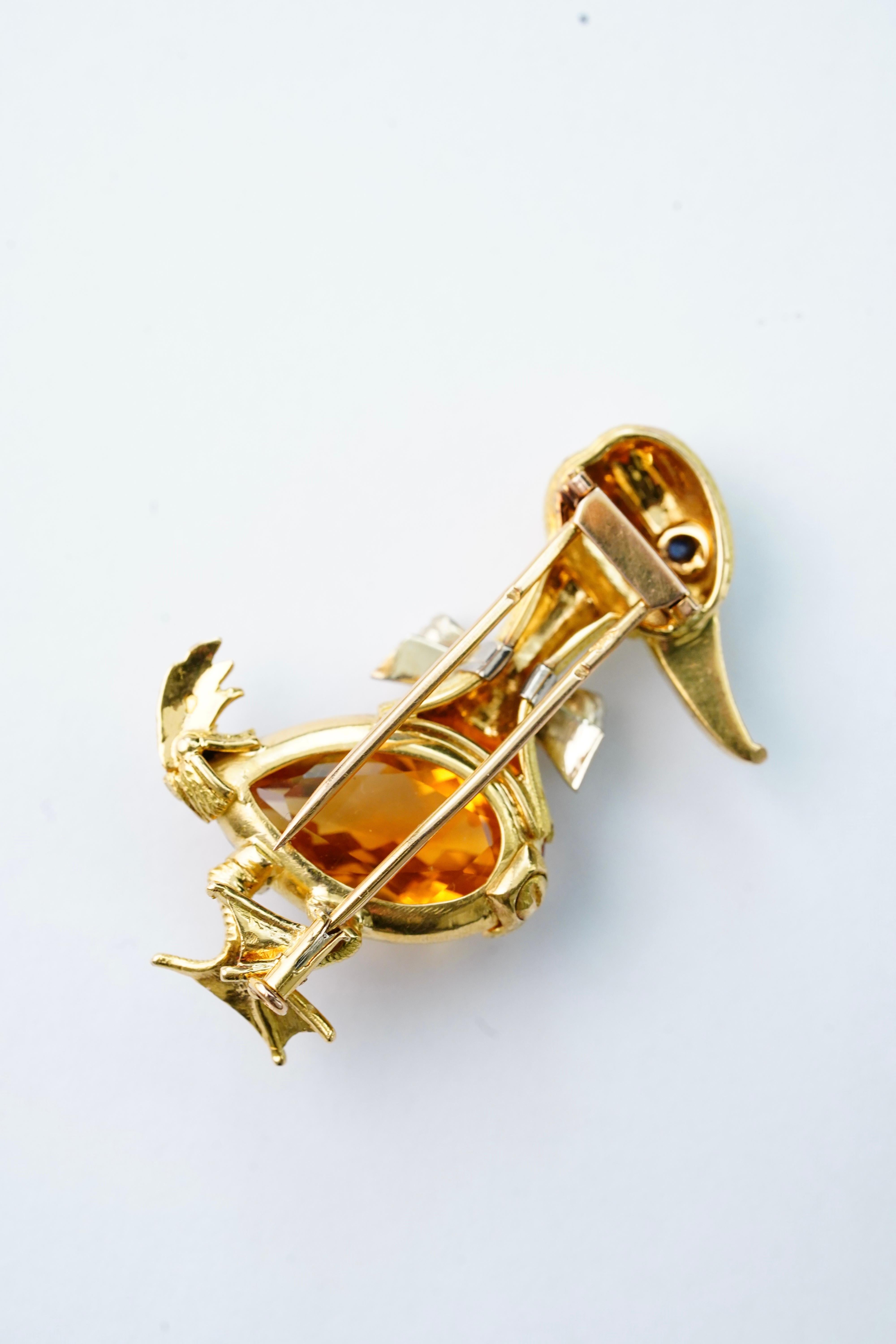 Contemporary Georges Lenfant Gold Citrine Sapphire Bowtie Duck Brooch For Sale