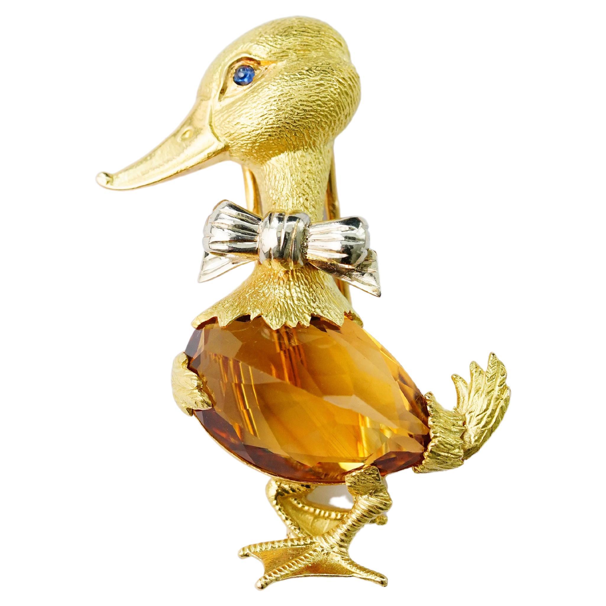 Georges Lenfant Gold Citrine Sapphire Bowtie Duck Brooch For Sale