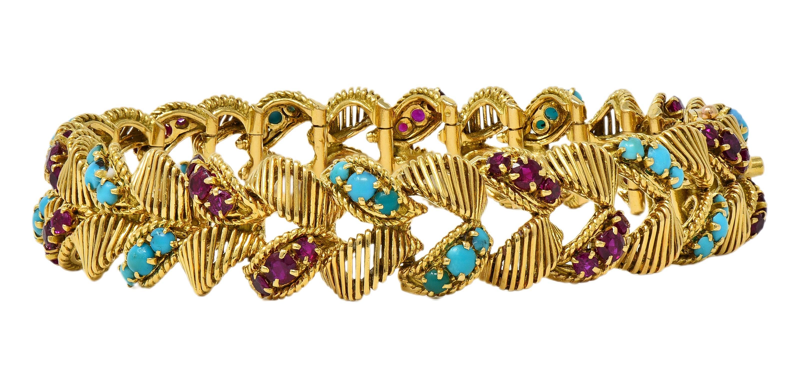 Georges L'Enfant Gubelin 1960 Ruby Turquoise 18K Gold Vintage Wheat Bracelet en venta 5
