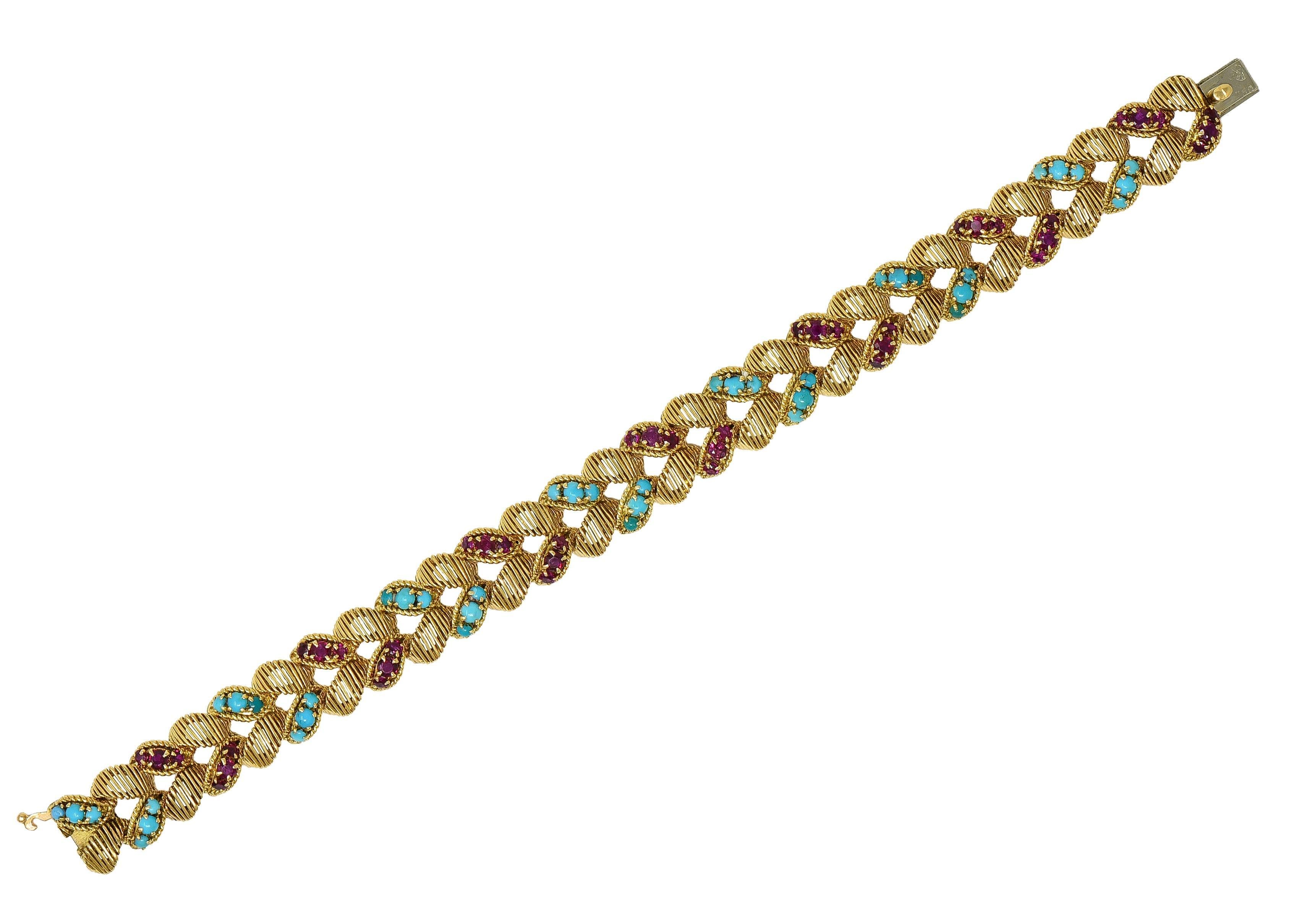 Georges L'Enfant Gubelin 1960 Ruby Turquoise 18K Gold Vintage Wheat Bracelet Moderno en venta