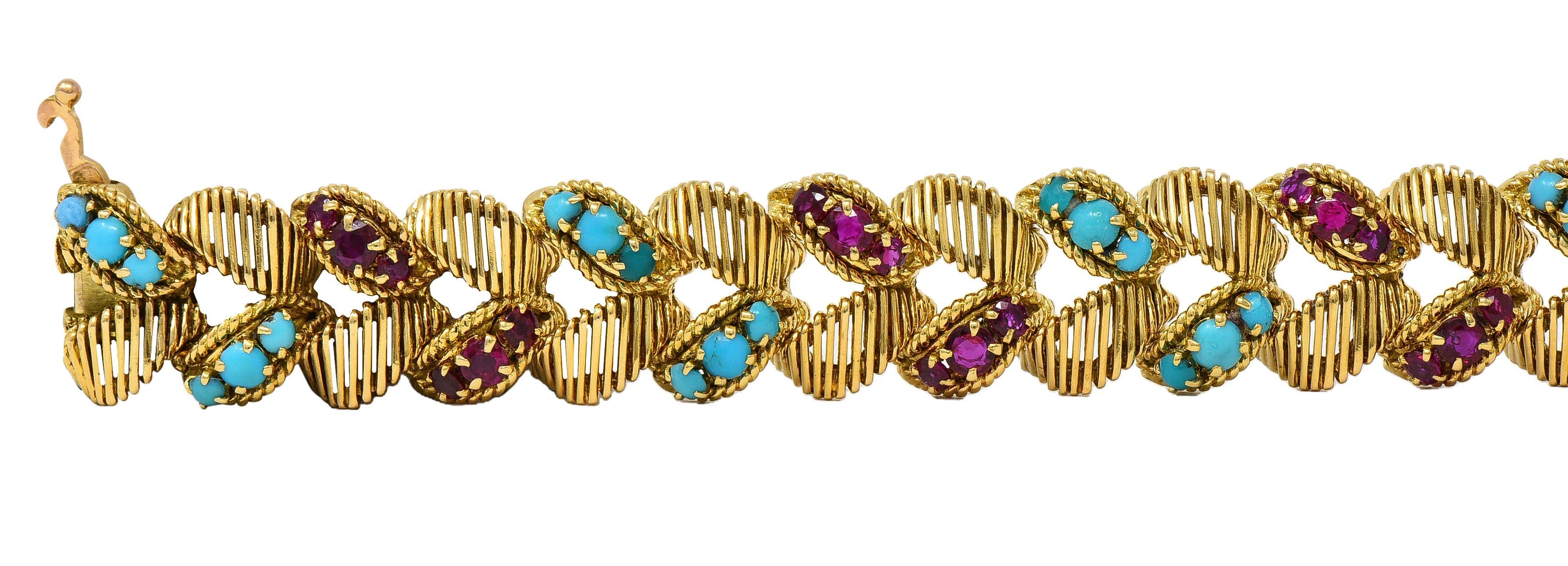 Georges L'Enfant Gubelin 1960 Ruby Turquoise 18K Gold Vintage Wheat Bracelet Corte redondo en venta