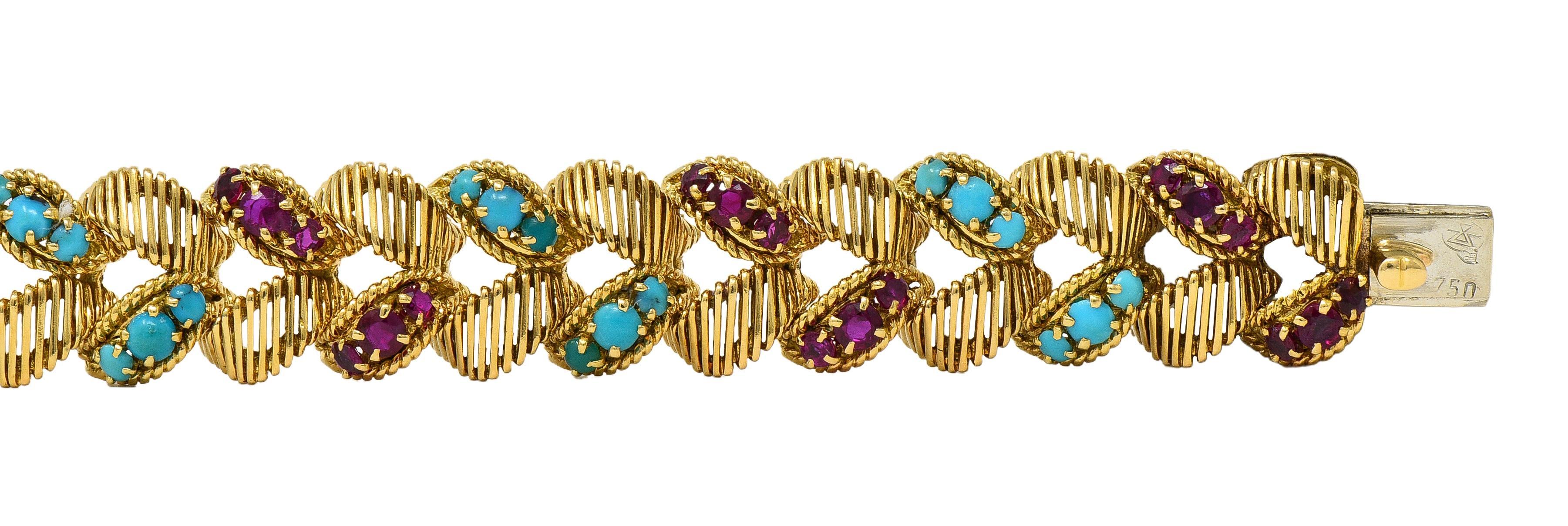 Georges L'Enfant Gubelin 1960 Ruby Turquoise 18K Gold Vintage Wheat Bracelet en Excelente estado para la venta en Philadelphia, PA