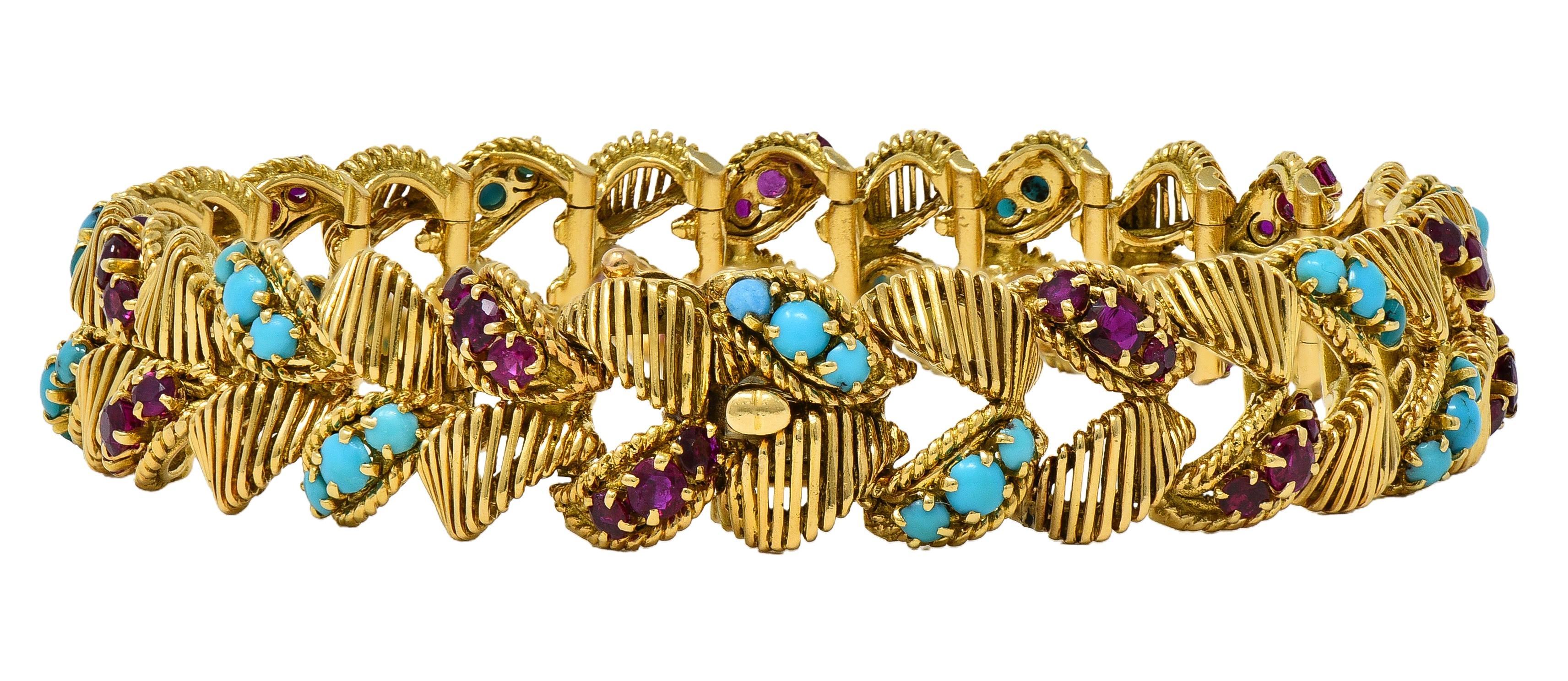 De las mujeres Georges L'Enfant Gubelin 1960 Ruby Turquoise 18K Gold Vintage Wheat Bracelet en venta