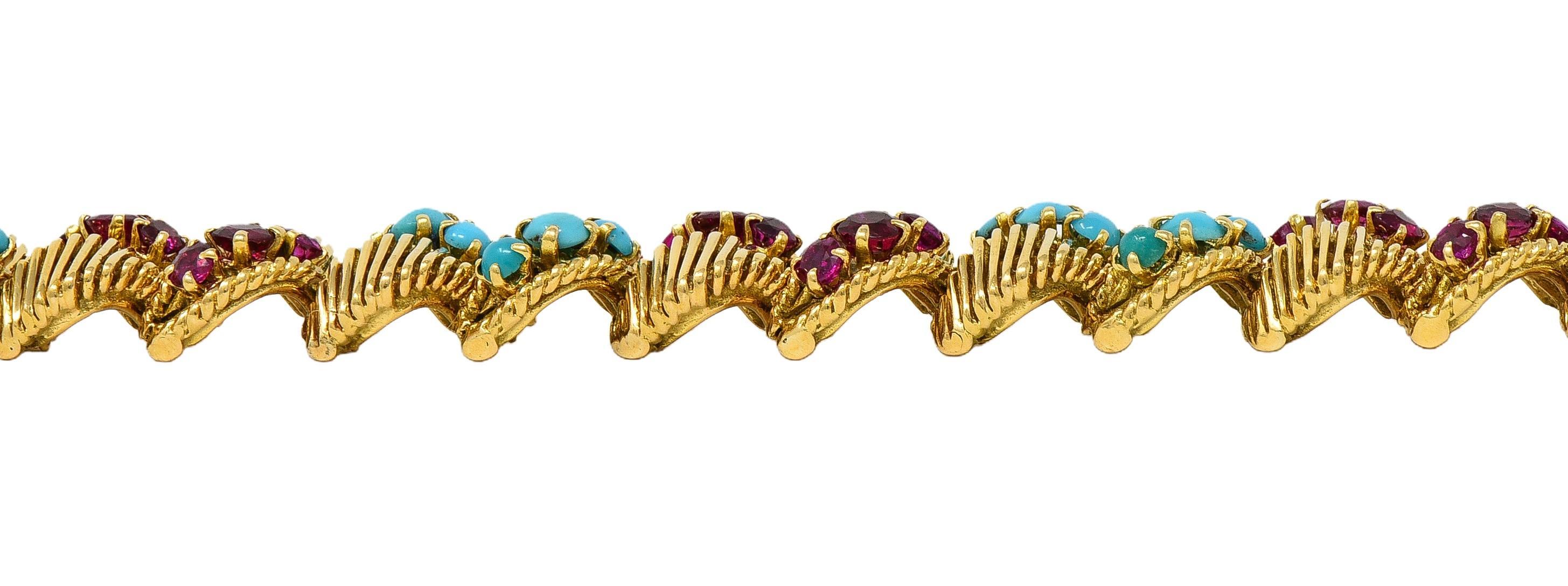 Georges L'Enfant Gubelin 1960 Ruby Turquoise 18K Gold Vintage Wheat Bracelet en venta 1