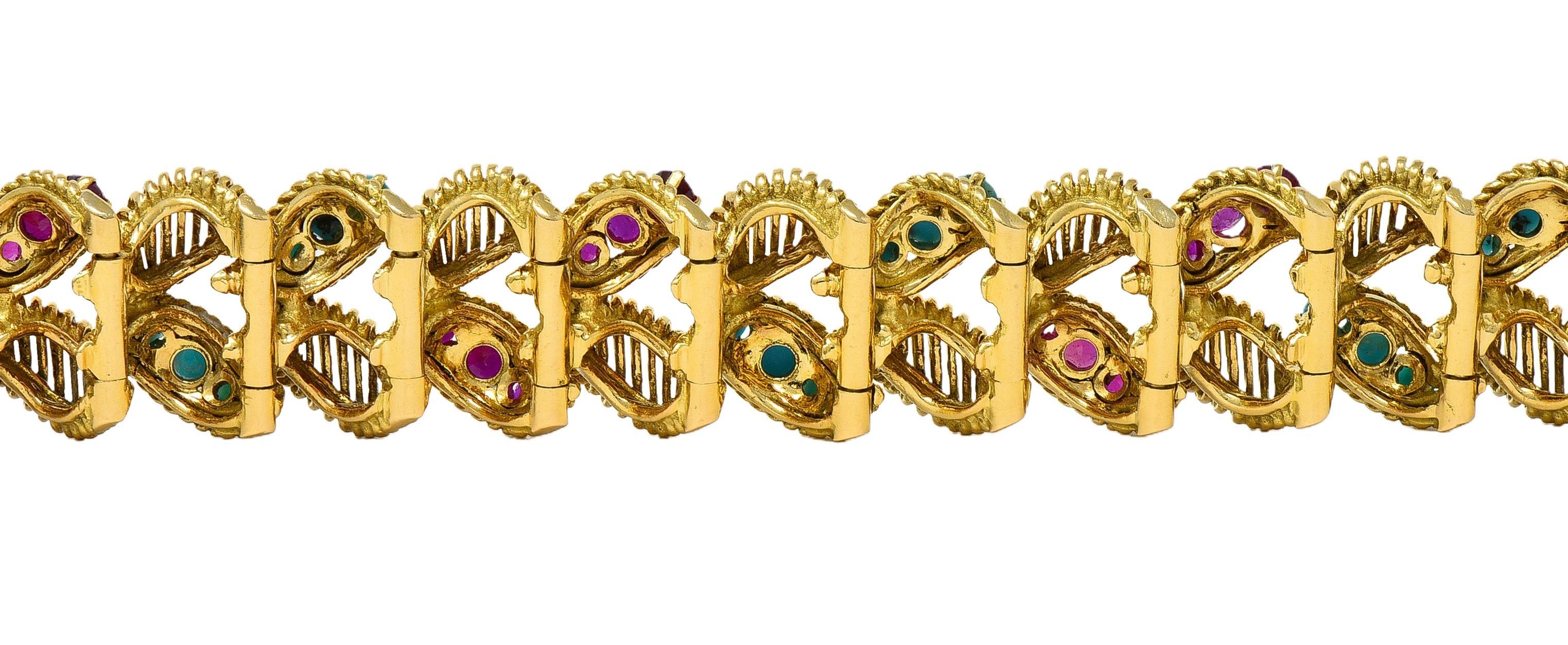 Georges L'Enfant Gubelin 1960 Ruby Turquoise 18K Gold Vintage Wheat Bracelet en venta 2